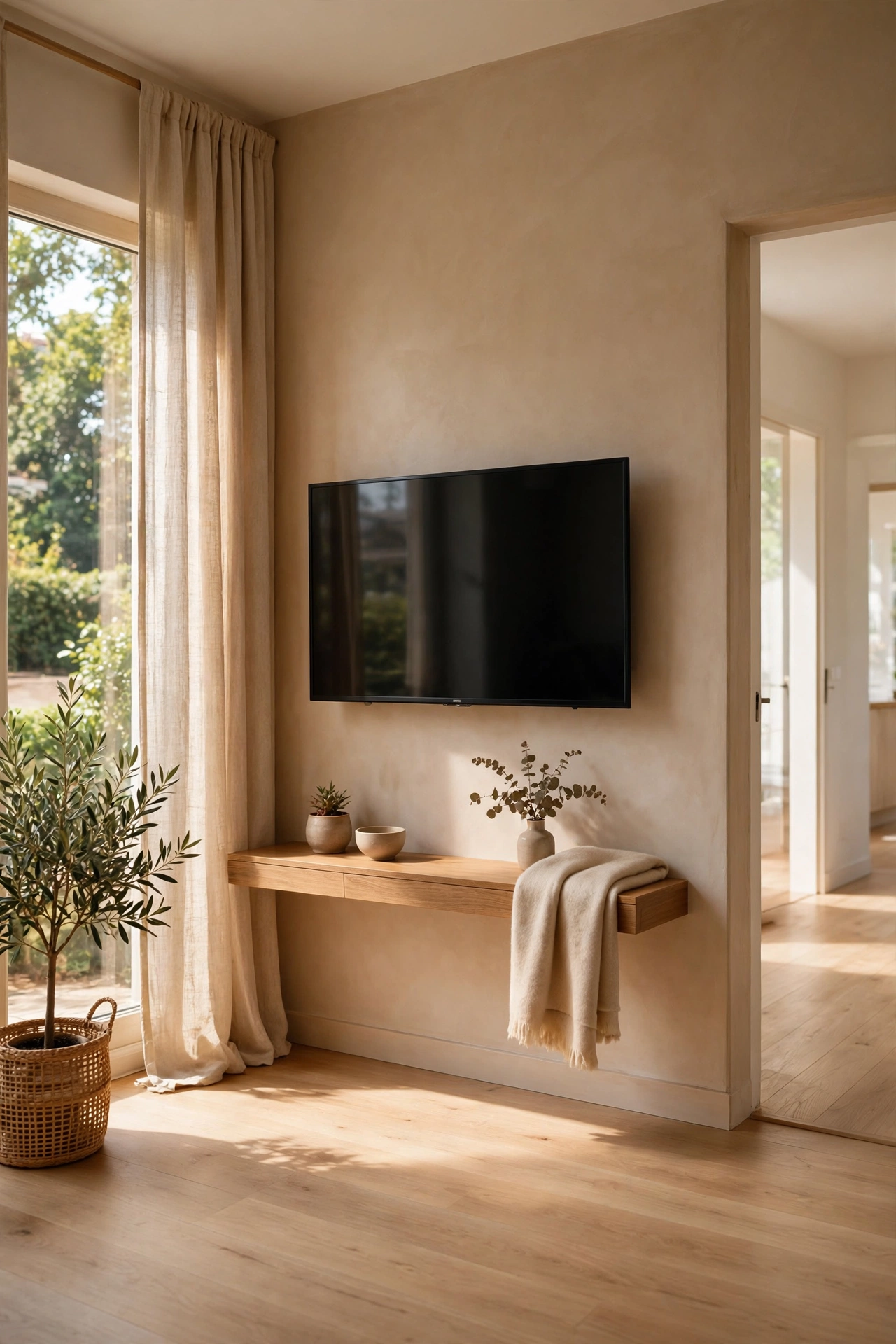 Wall mounted TV with slim floating console in a small living room