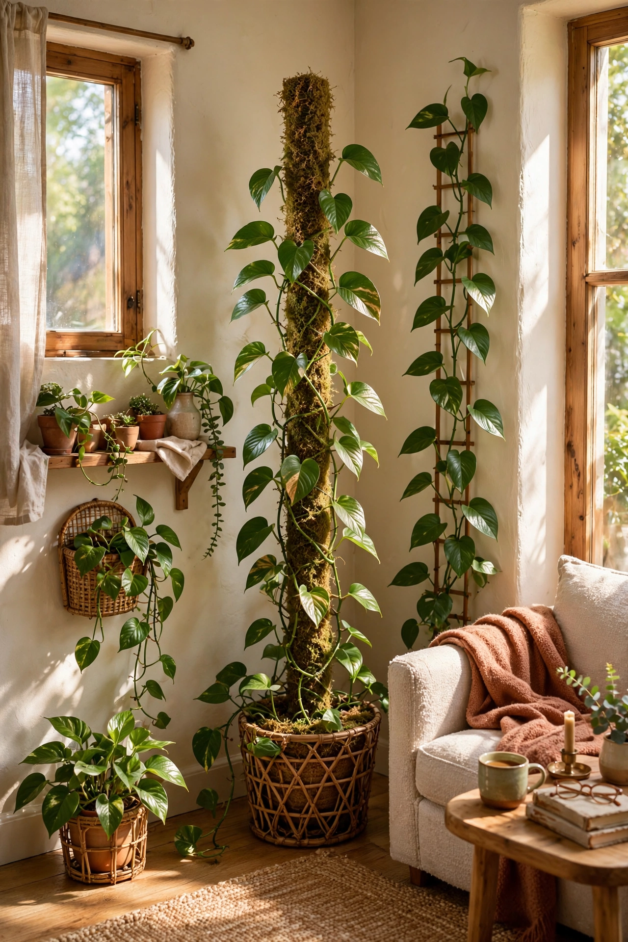 Pothos climbing a moss pole as vertical greenery in a small living room