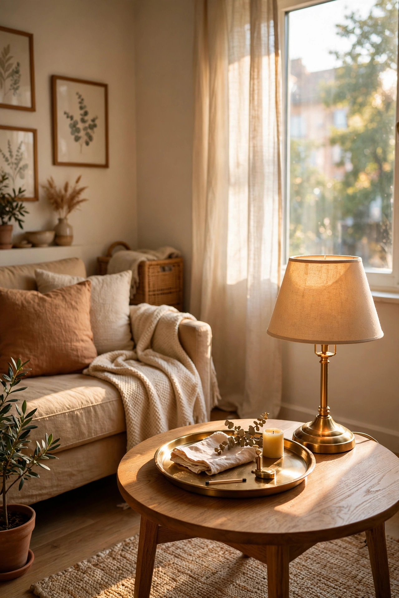 Brass tray and lamp adding reflective metallics to a small living room