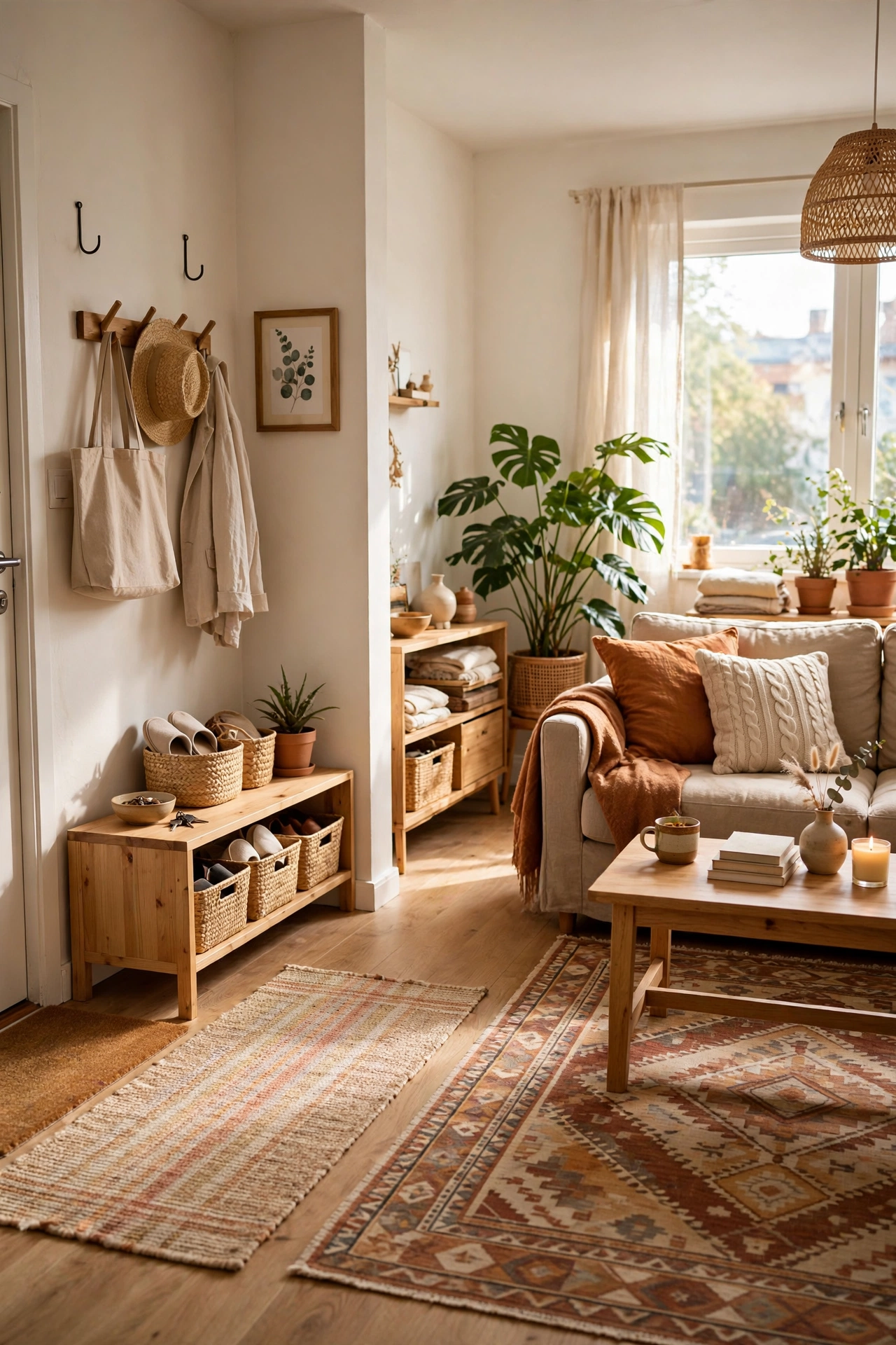 Two rugs defining living and entry zones in a small studio living room