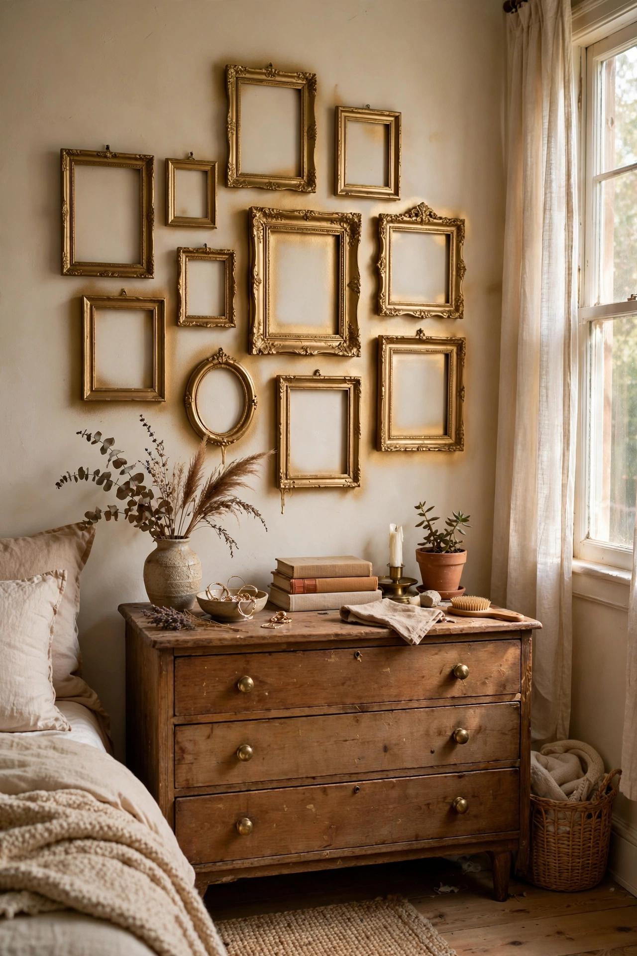 Gold spray-painted thrifted frames as a gallery wall