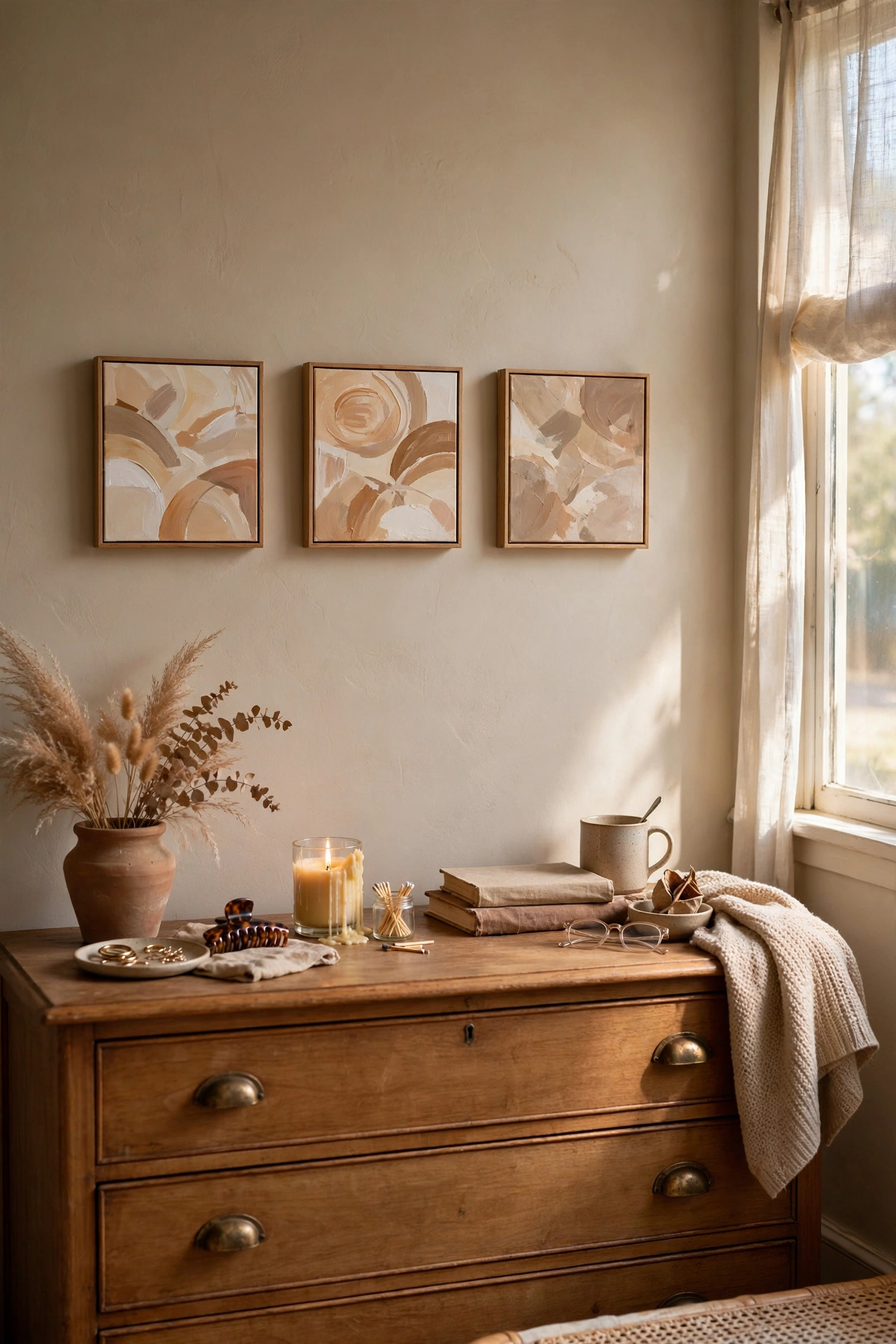 Hand-painted abstract canvas art above a dresser