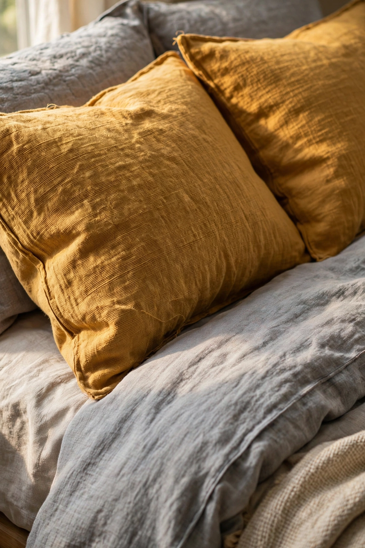 Fresh mustard pillowcases on a made bed