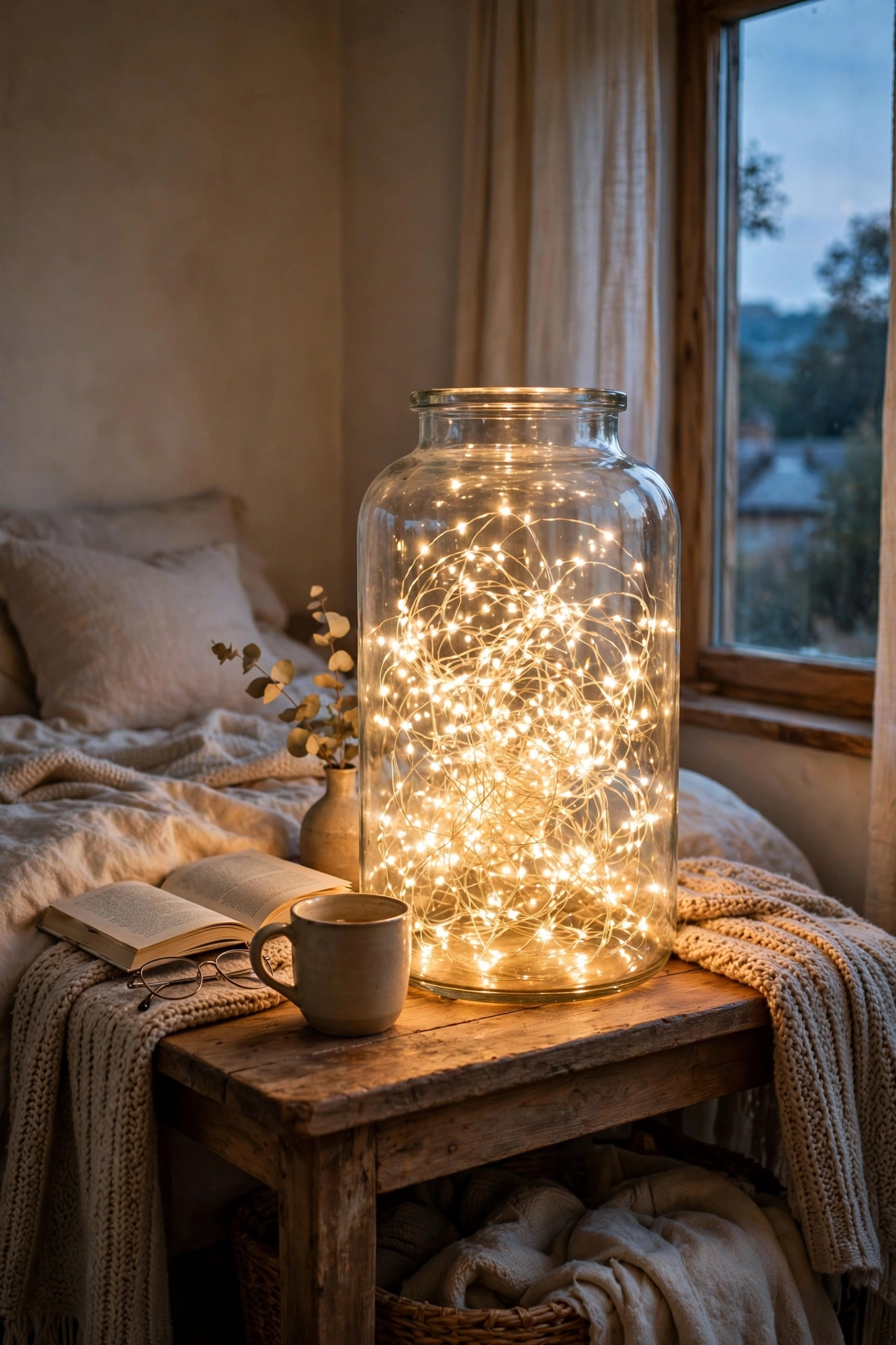 Warm fairy lights glowing inside a glass jar