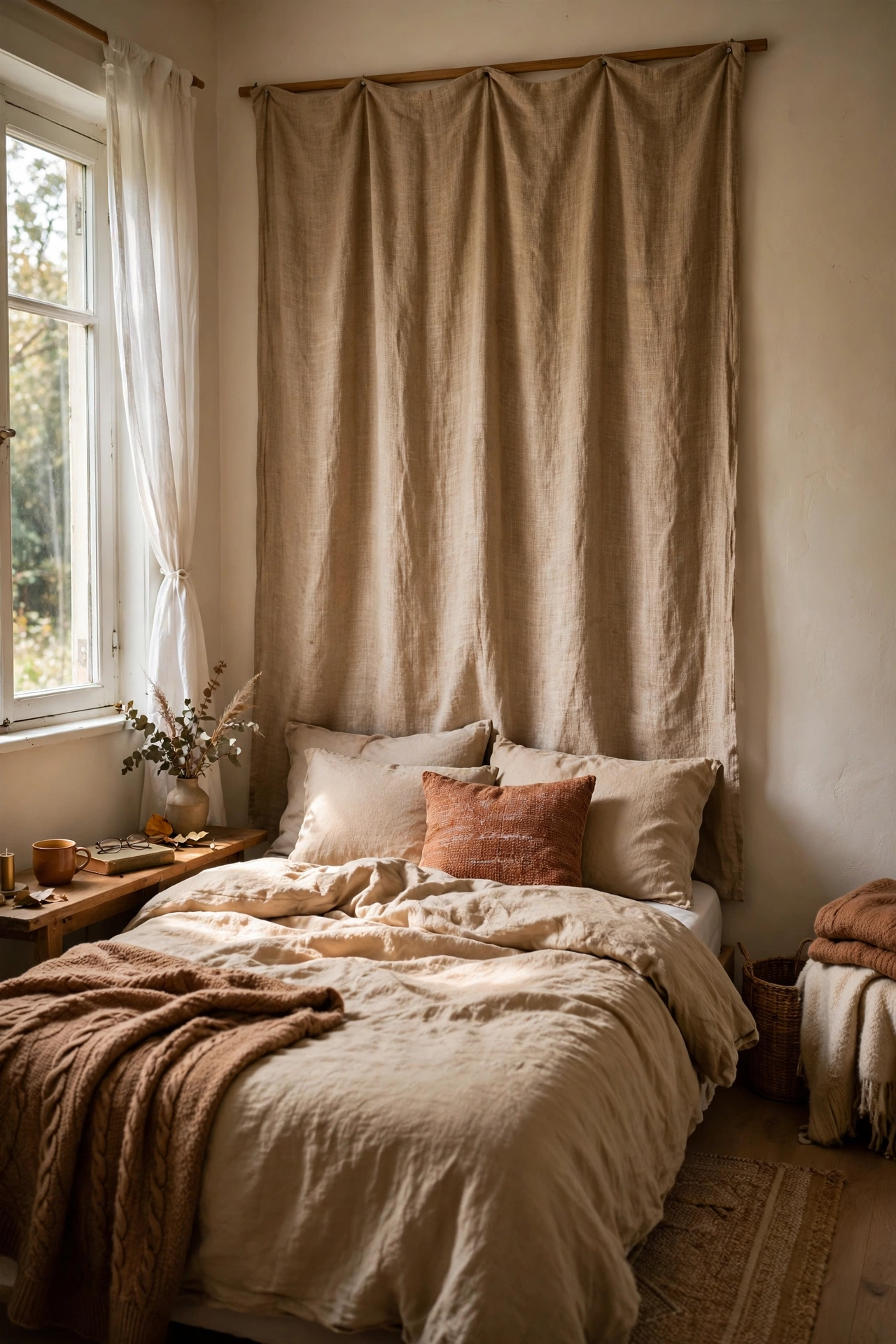 Curtain panel hung behind bed as a headboard