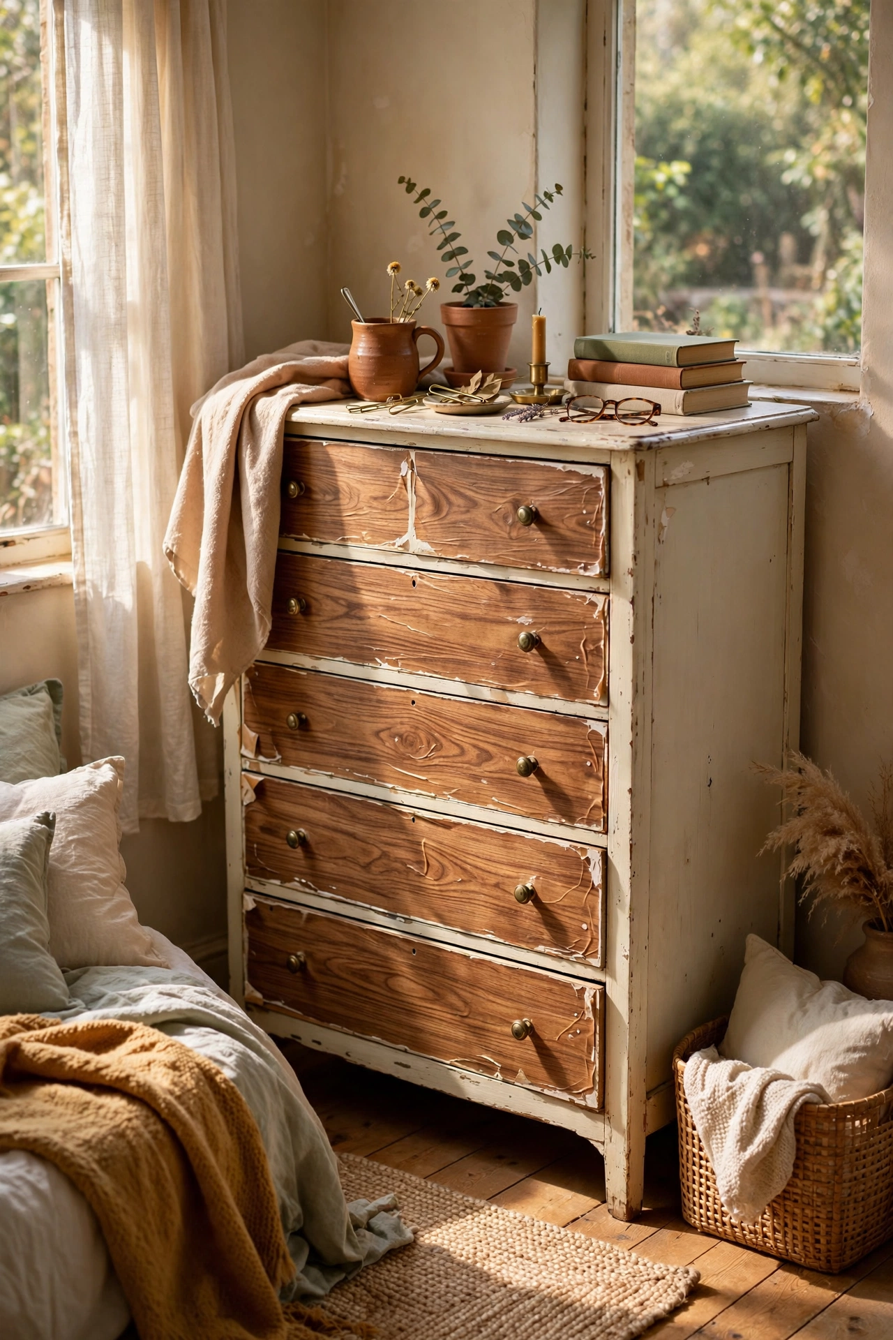 Dresser drawers refreshed with faux wood contact paper