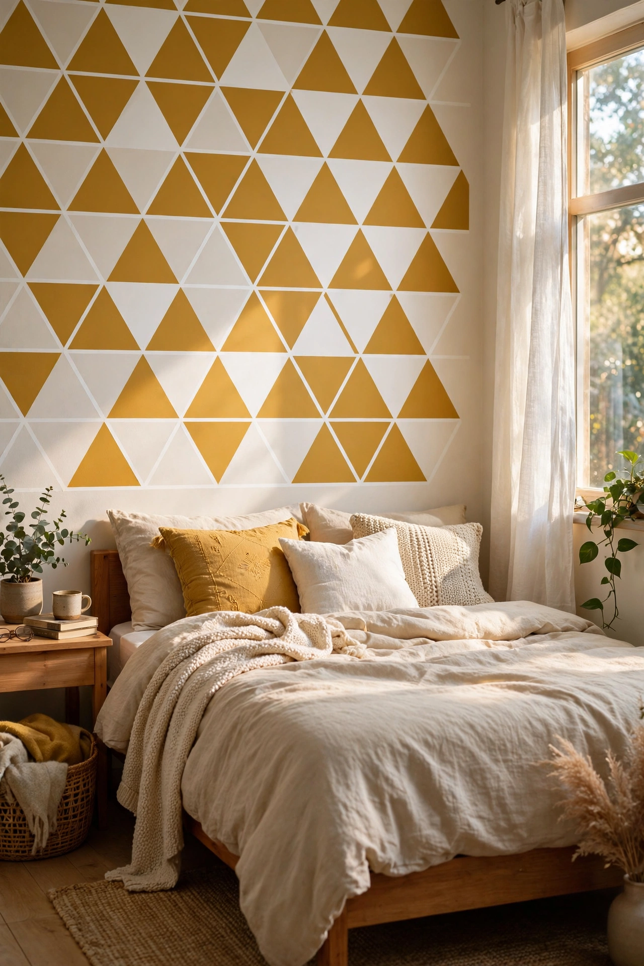 Geometric washi tape pattern on a bedroom wall