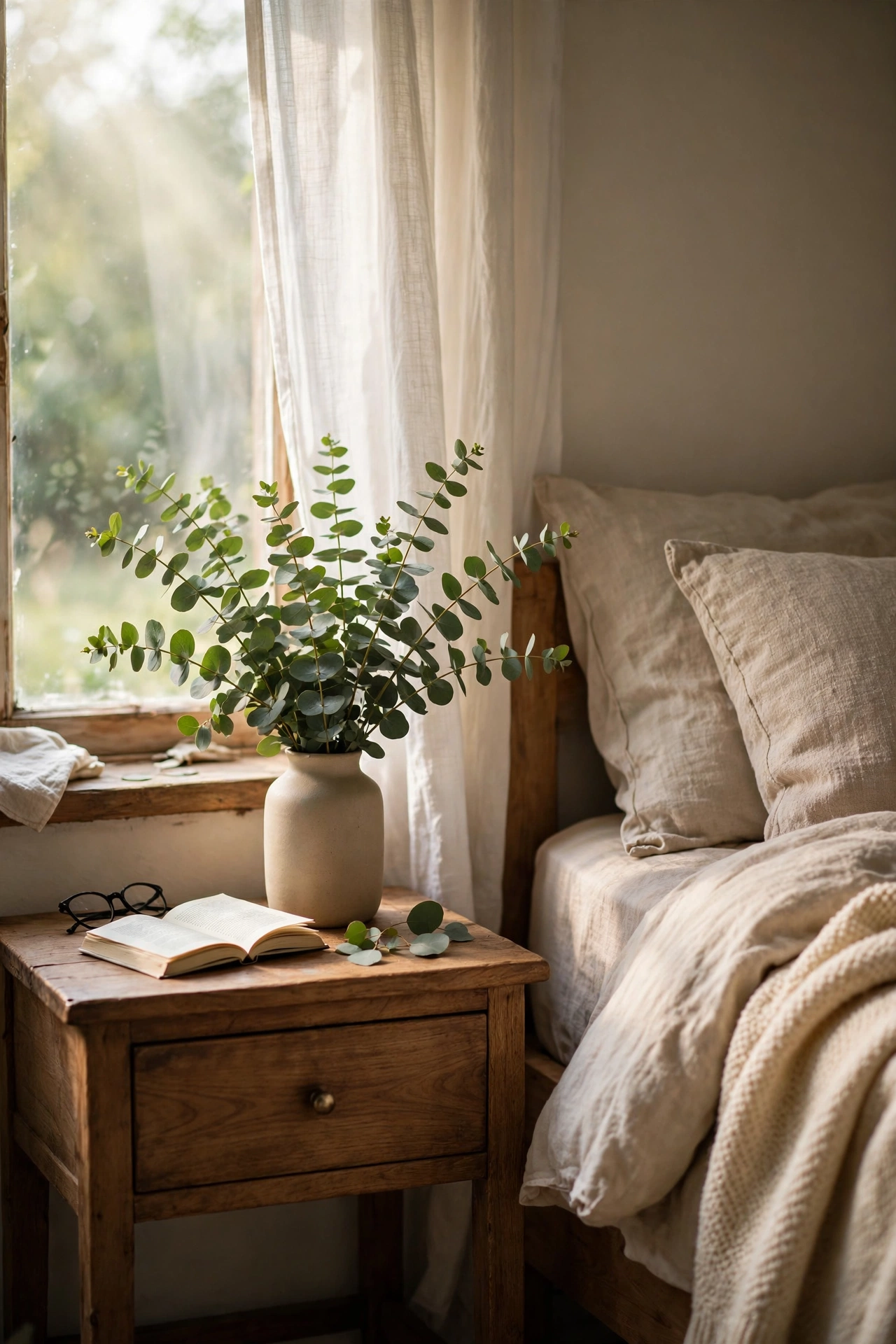 Fresh eucalyptus bunch in a vase on nightstand