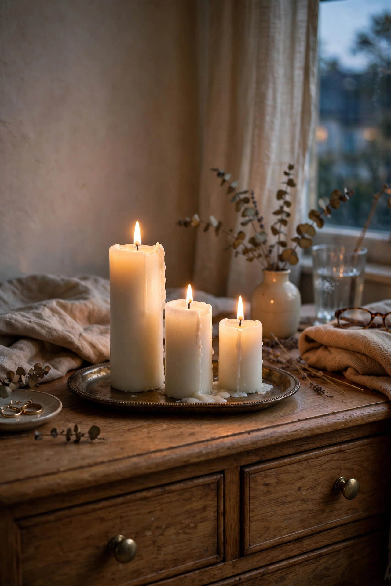 Trio of candles grouped on a bedroom dresser