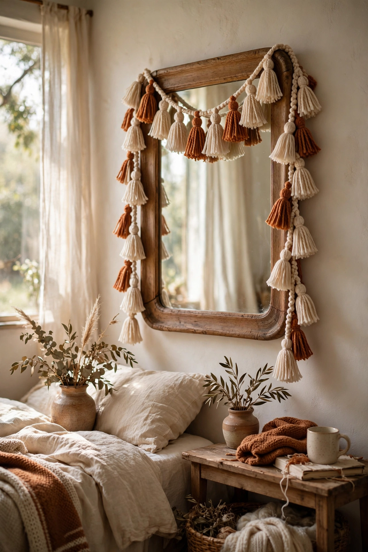 Handmade cream and rust tassel garland on a mirror