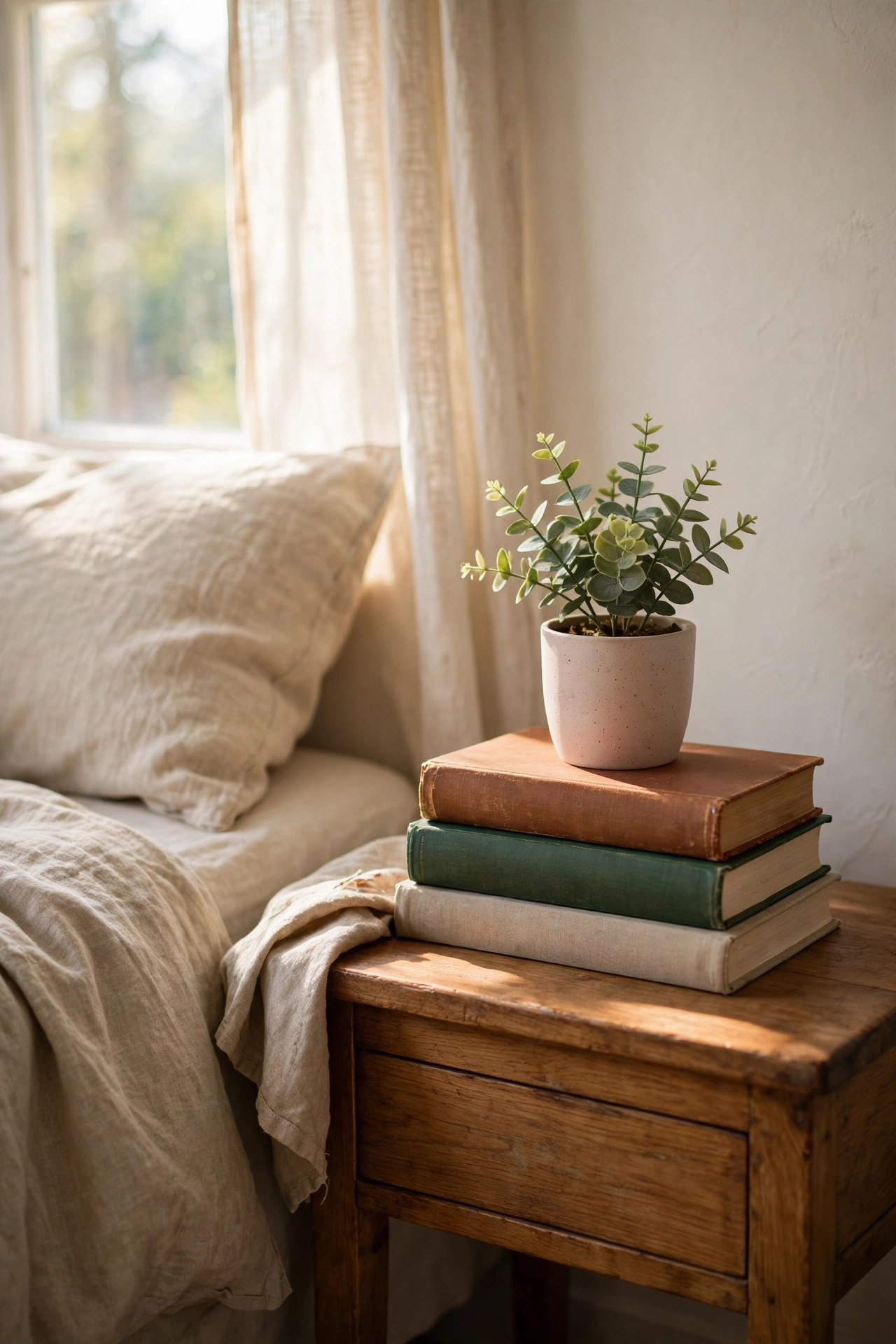 Neat stack of books styled on a nightstand