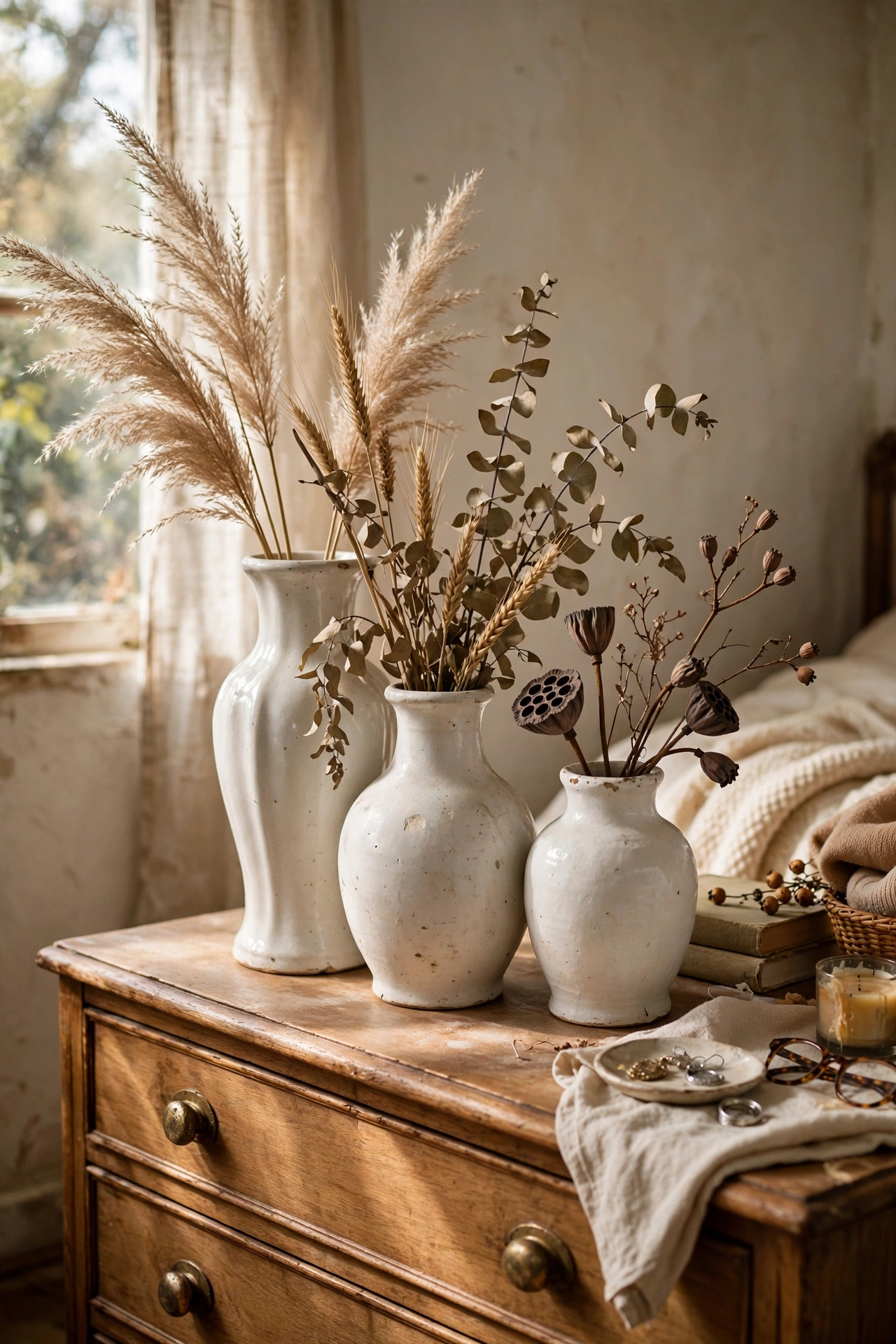 Cluster of three thrifted ceramic vases on dresser
