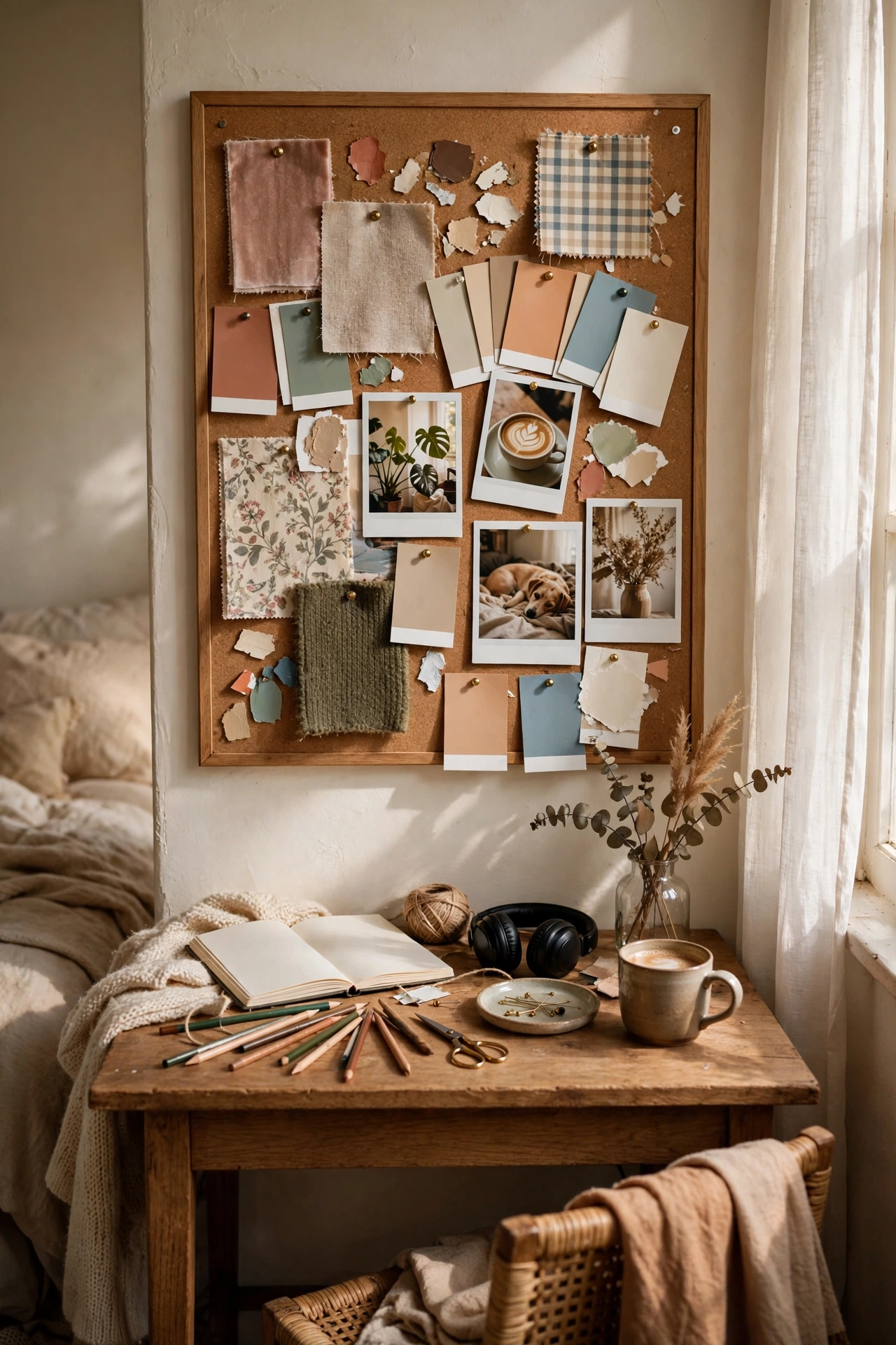 Cork board mood board with photos and swatches