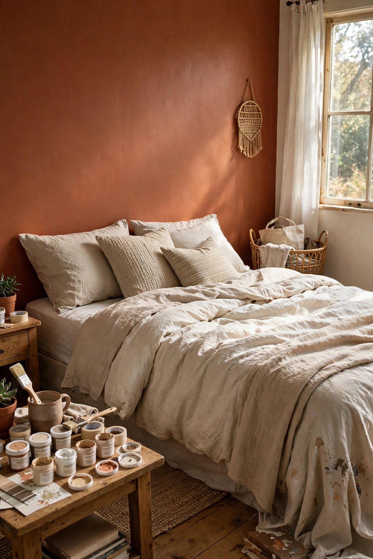 Warm terracotta accent wall behind a bed