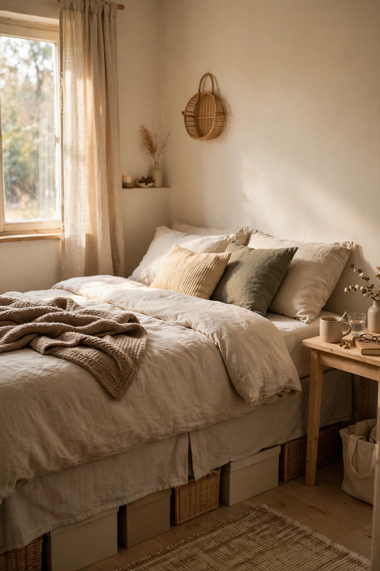 No-sew fabric bed skirt hiding under-bed storage