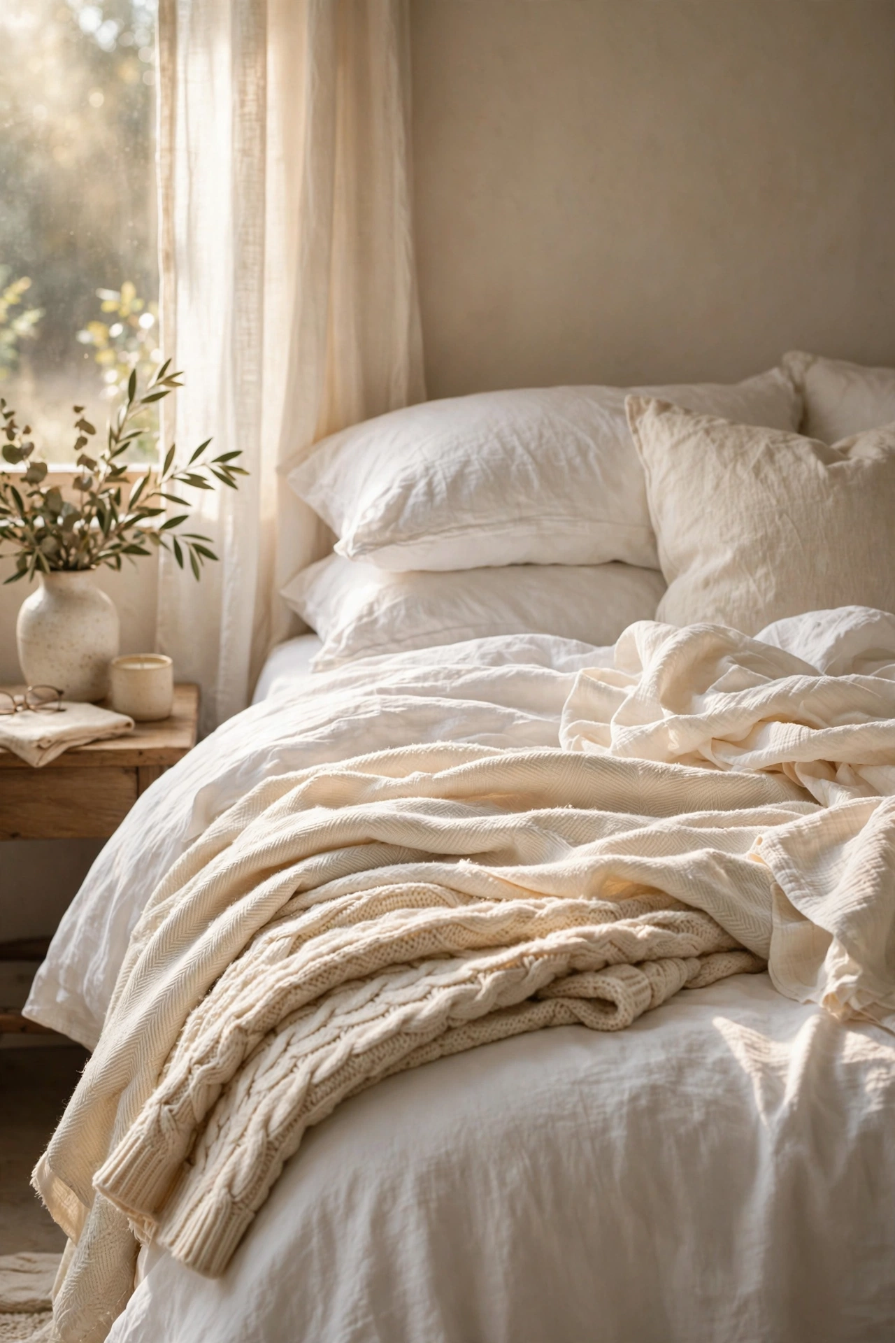 Bed layered with cream and ivory throws over white bedding