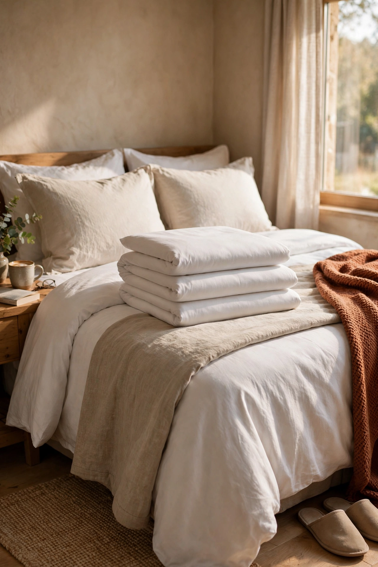 Bed with hotel-style triple folded duvet at the head