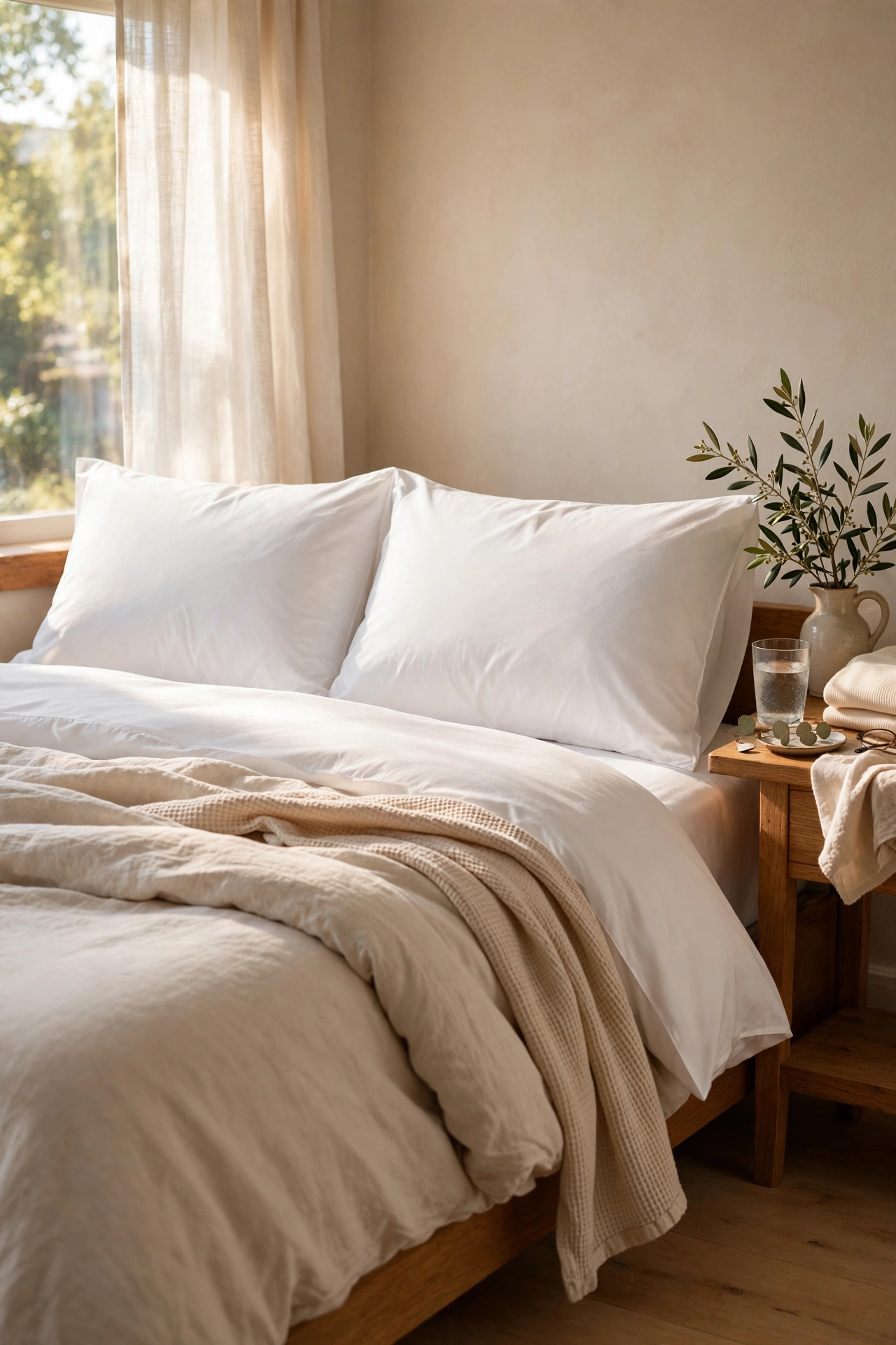Freshly ironed white pillowcases on a made bed