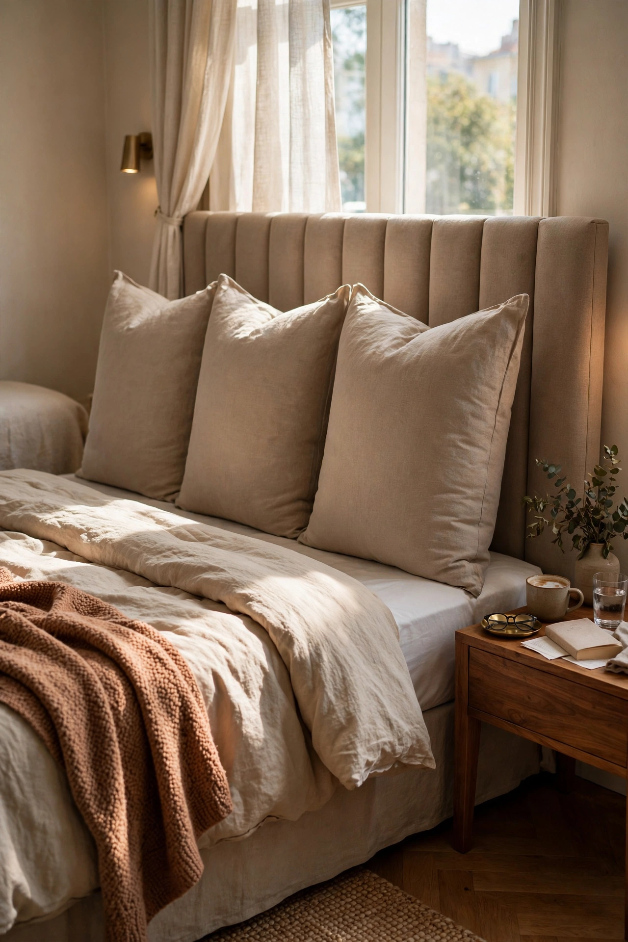 Bed with tall oversized euro shams against the headboard