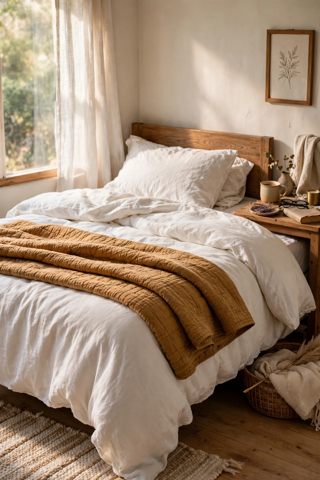 Quilt folded across the foot of a white duvet bed