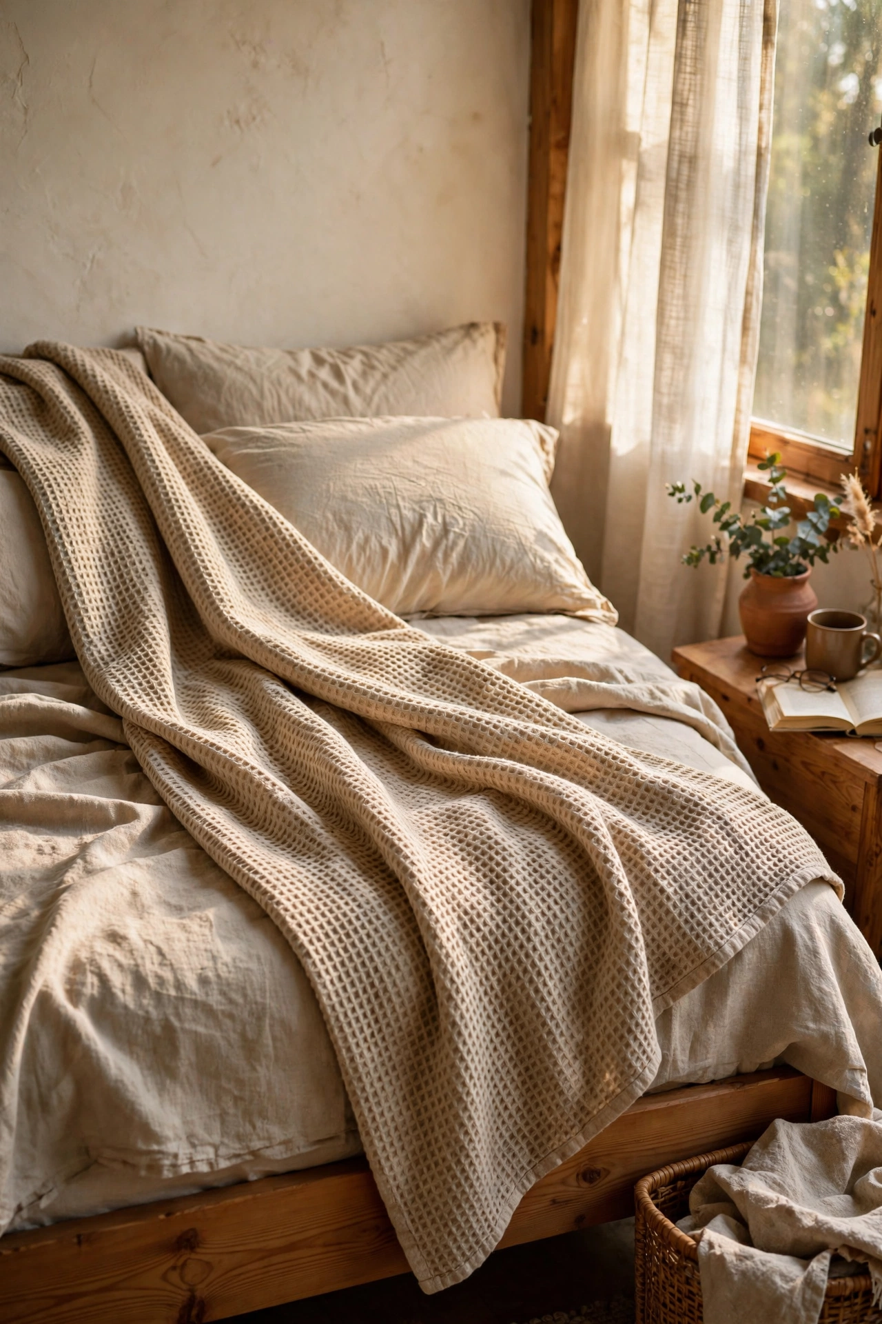 Waffle-weave throw draped diagonally on a bed