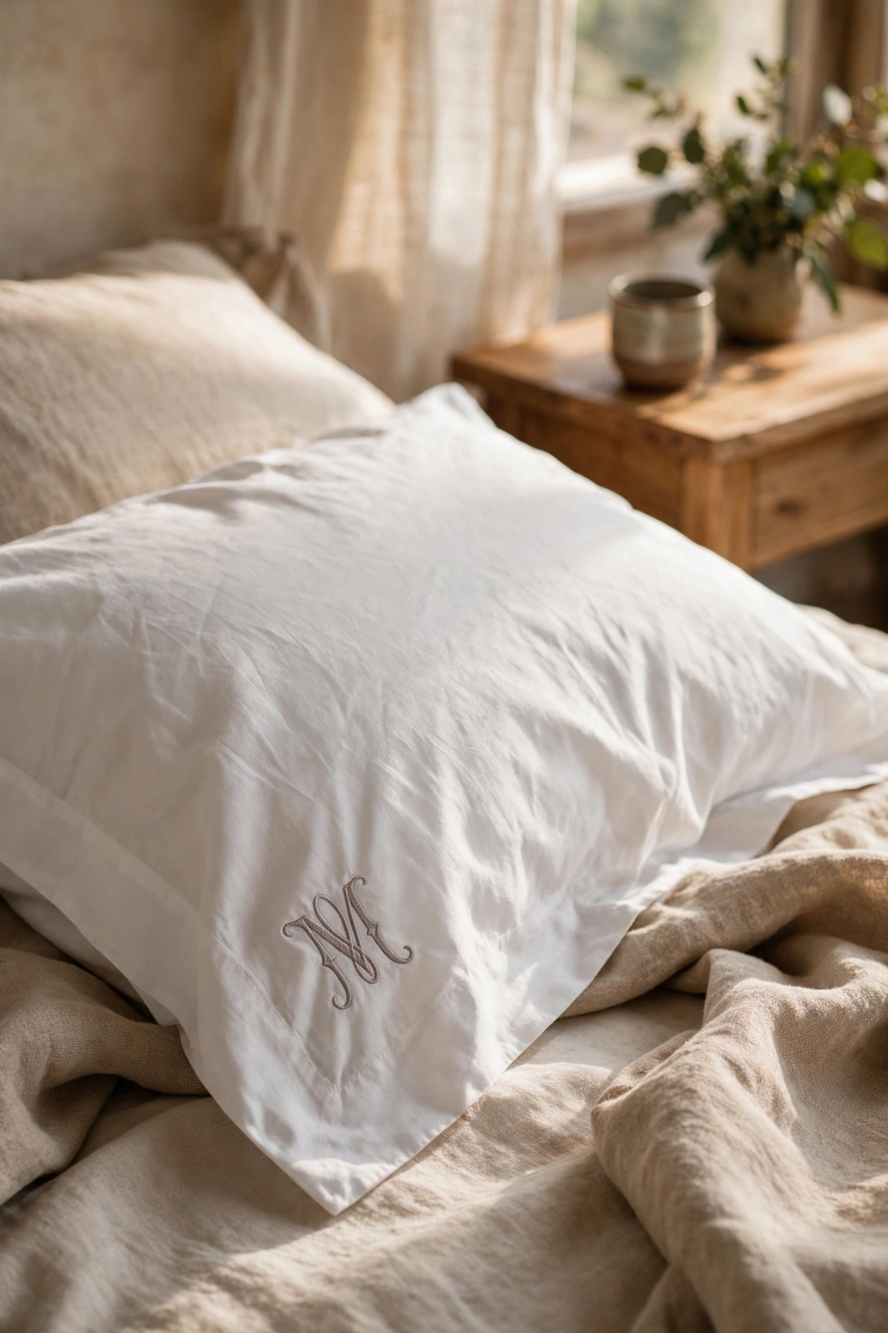 White pillowcase with embroidered monogram initial