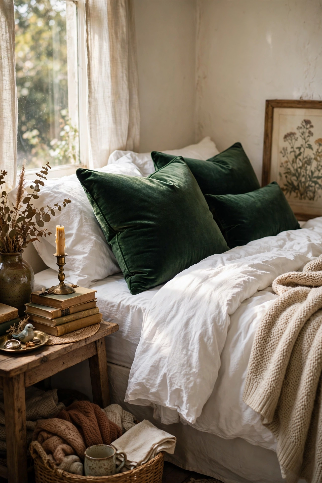 Velvet charity shop cushion covers on white bedding