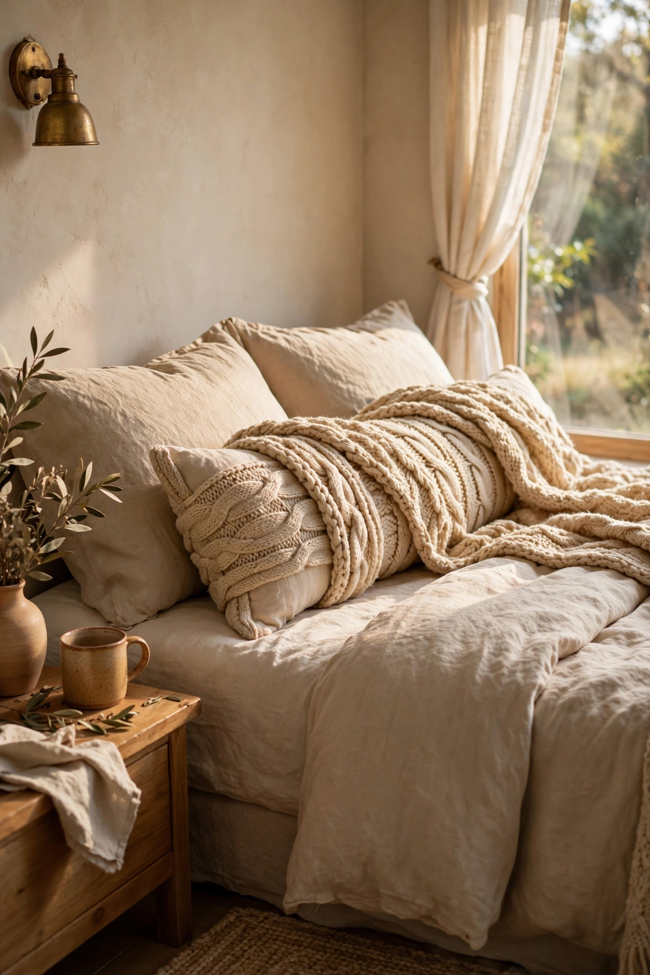 Long lumbar cushion made from a folded throw on a bed