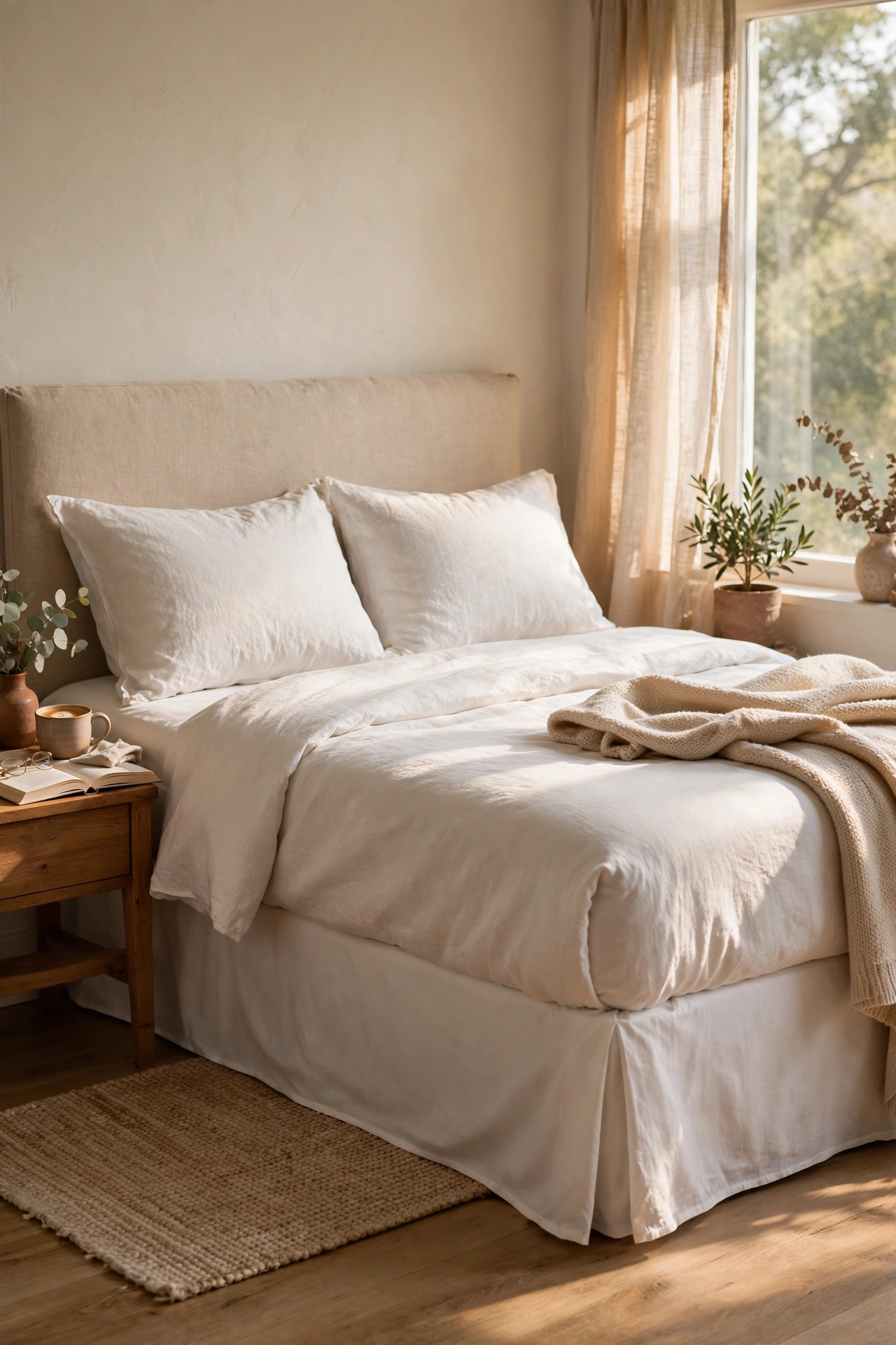 Bed with flat sheet tucked as a neat bed skirt