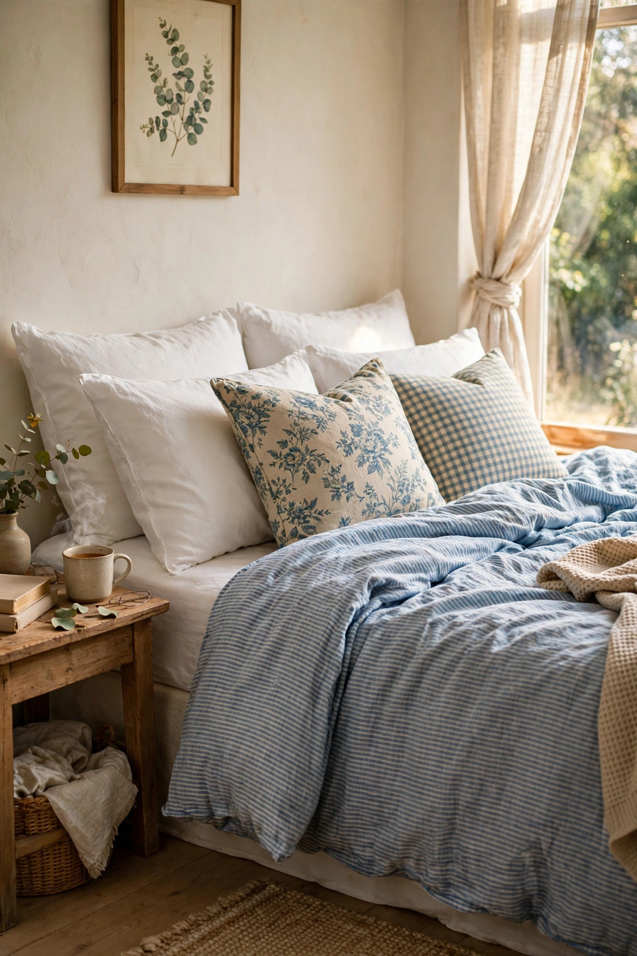 Bed with thin blue striped duvet and solid white cushions