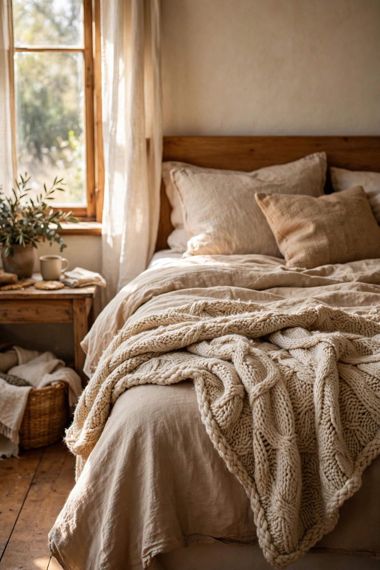 Chunky knit throw draped loosely at the foot of a bed