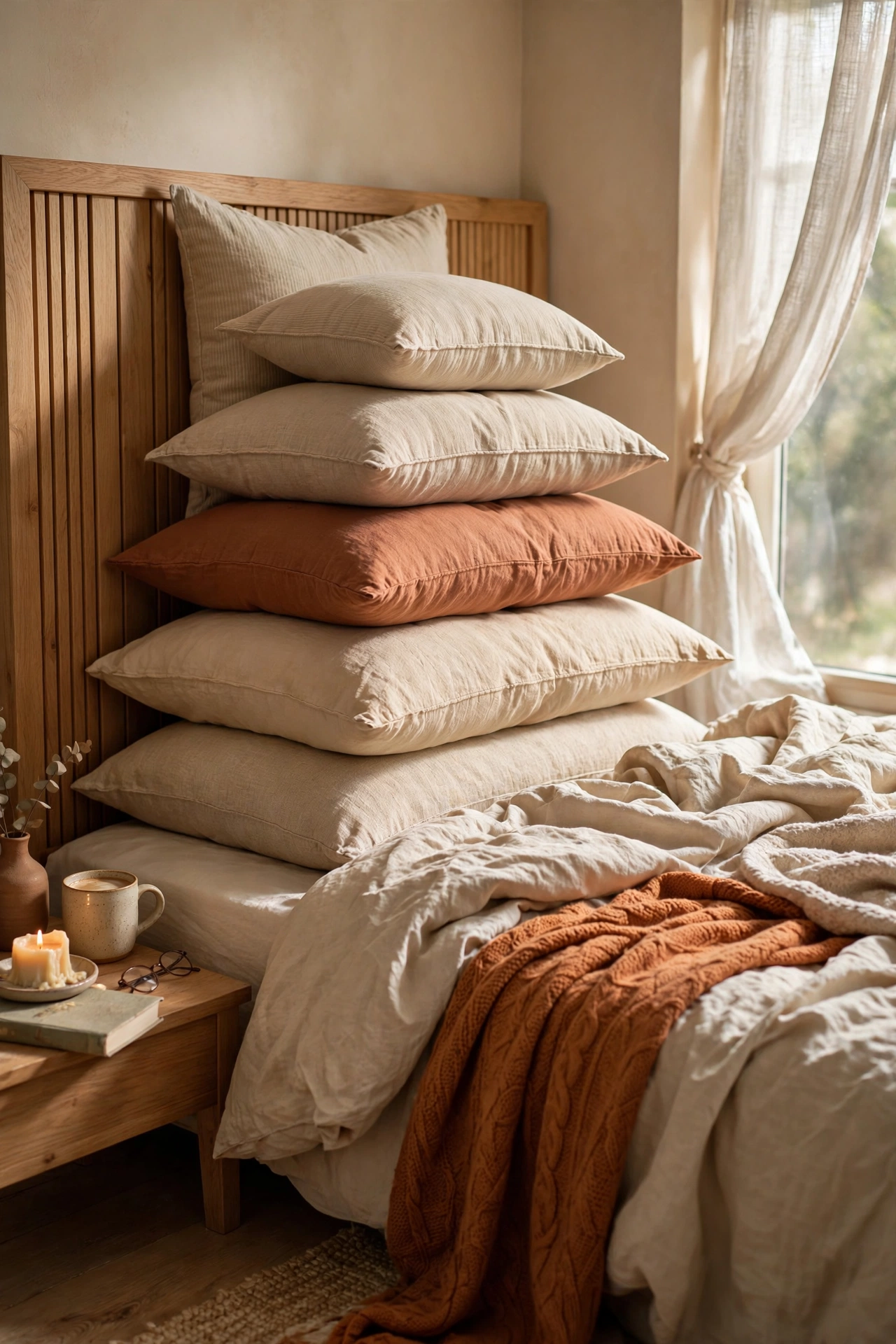 Bed with pillows standing upright against the headboard