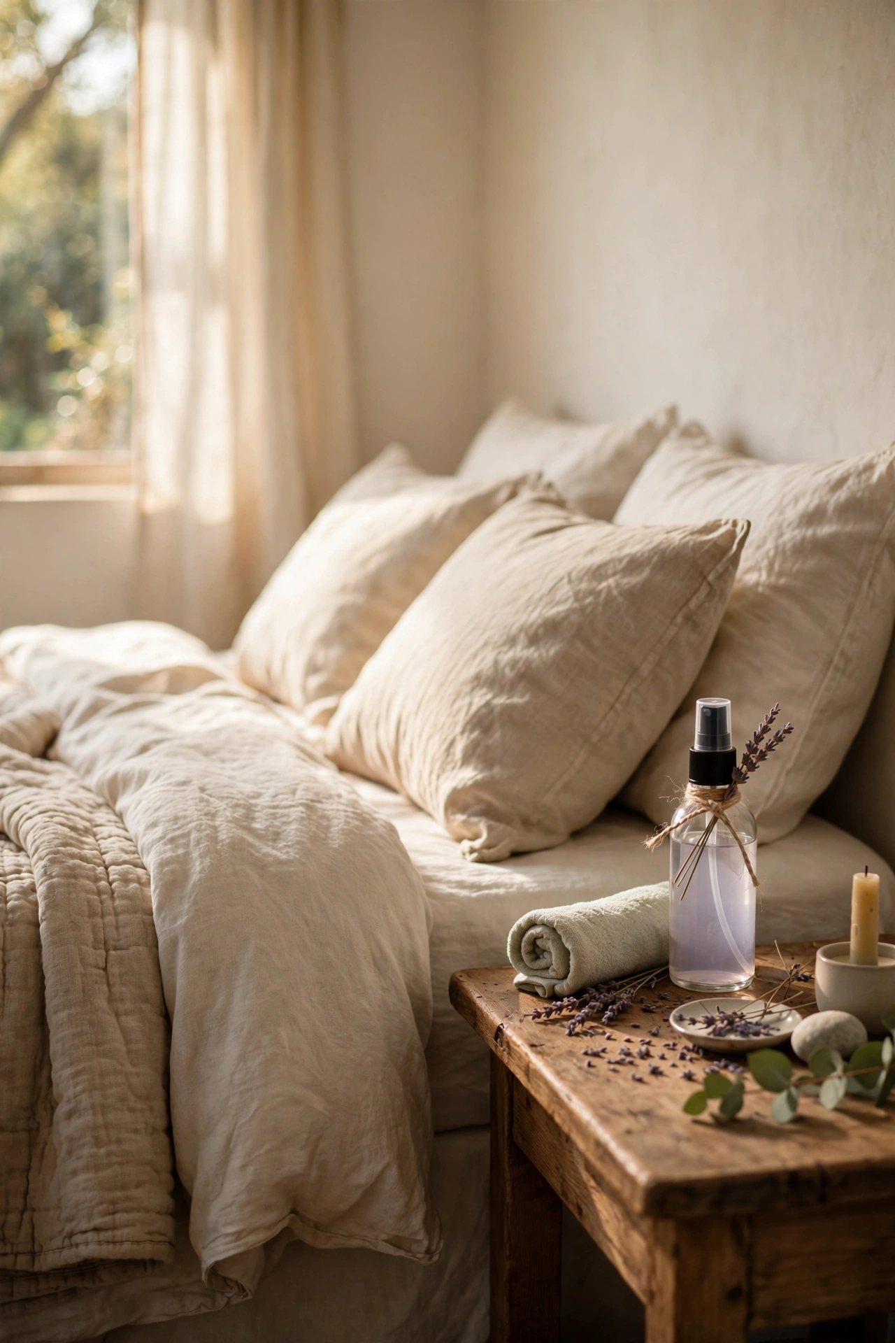 Spray bottle of homemade lavender linen spray on nightstand