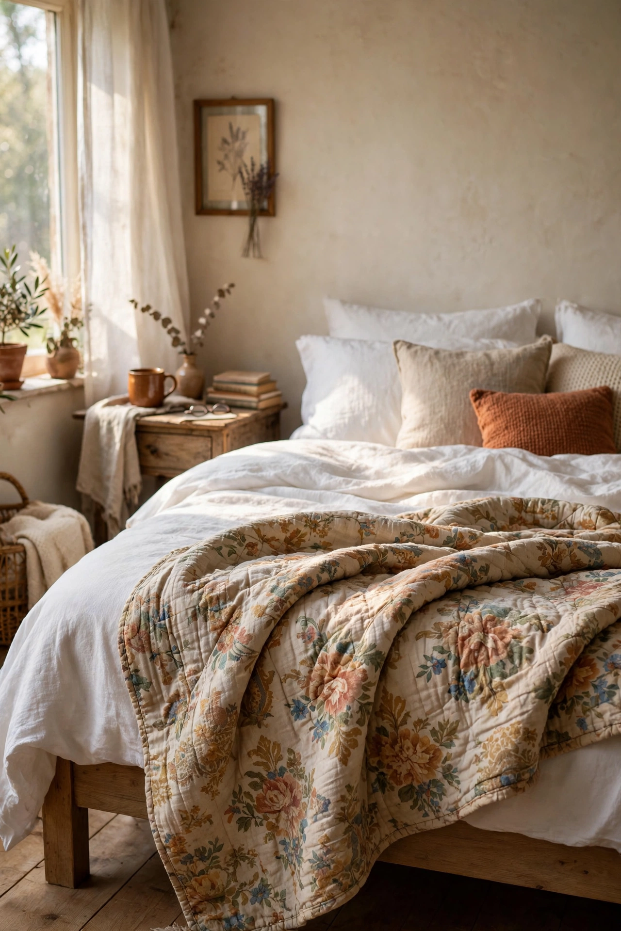 Vintage floral quilt draped at the foot of a white bed