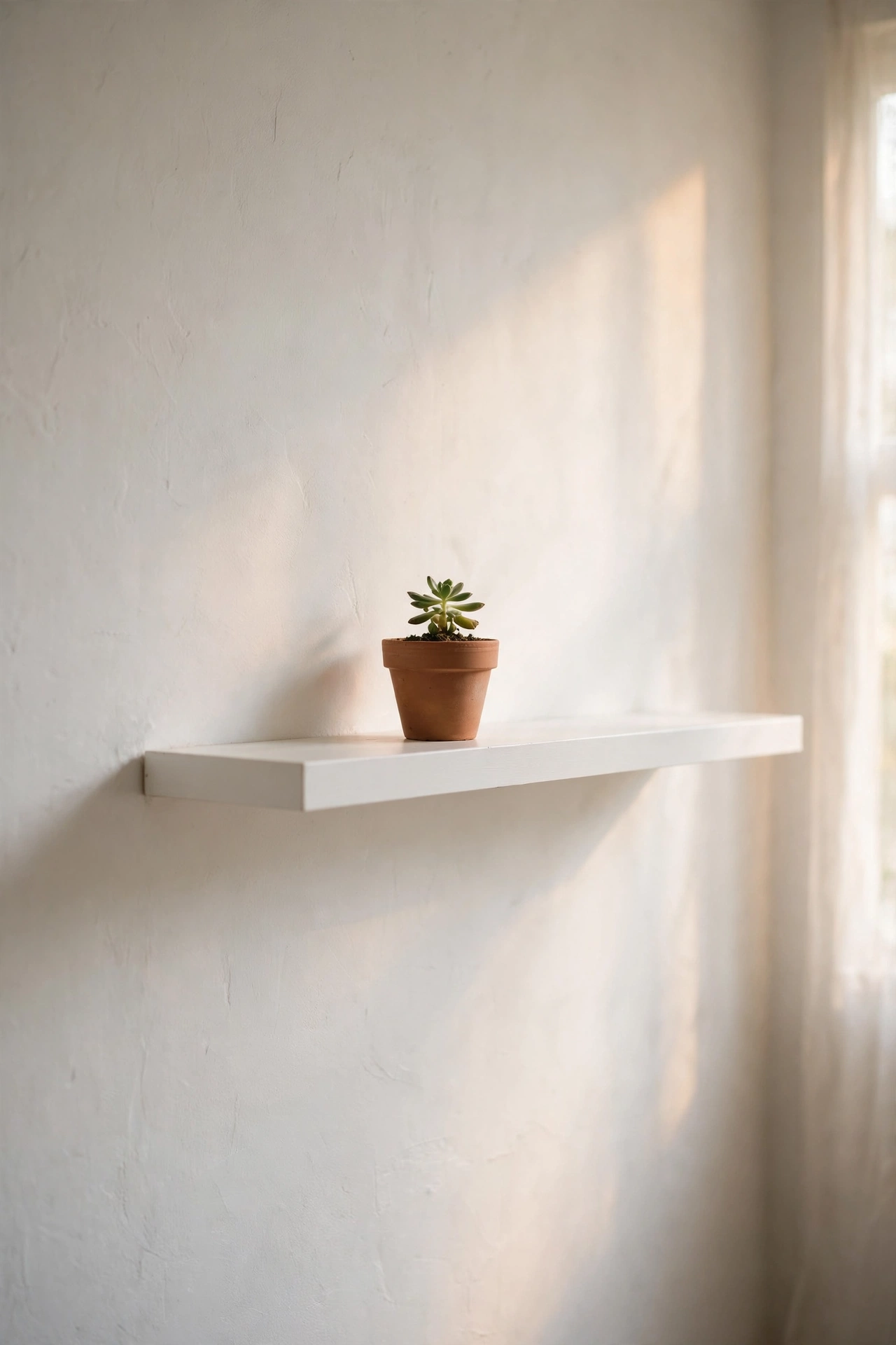 Single white floating shelf with a small plant on a white wall