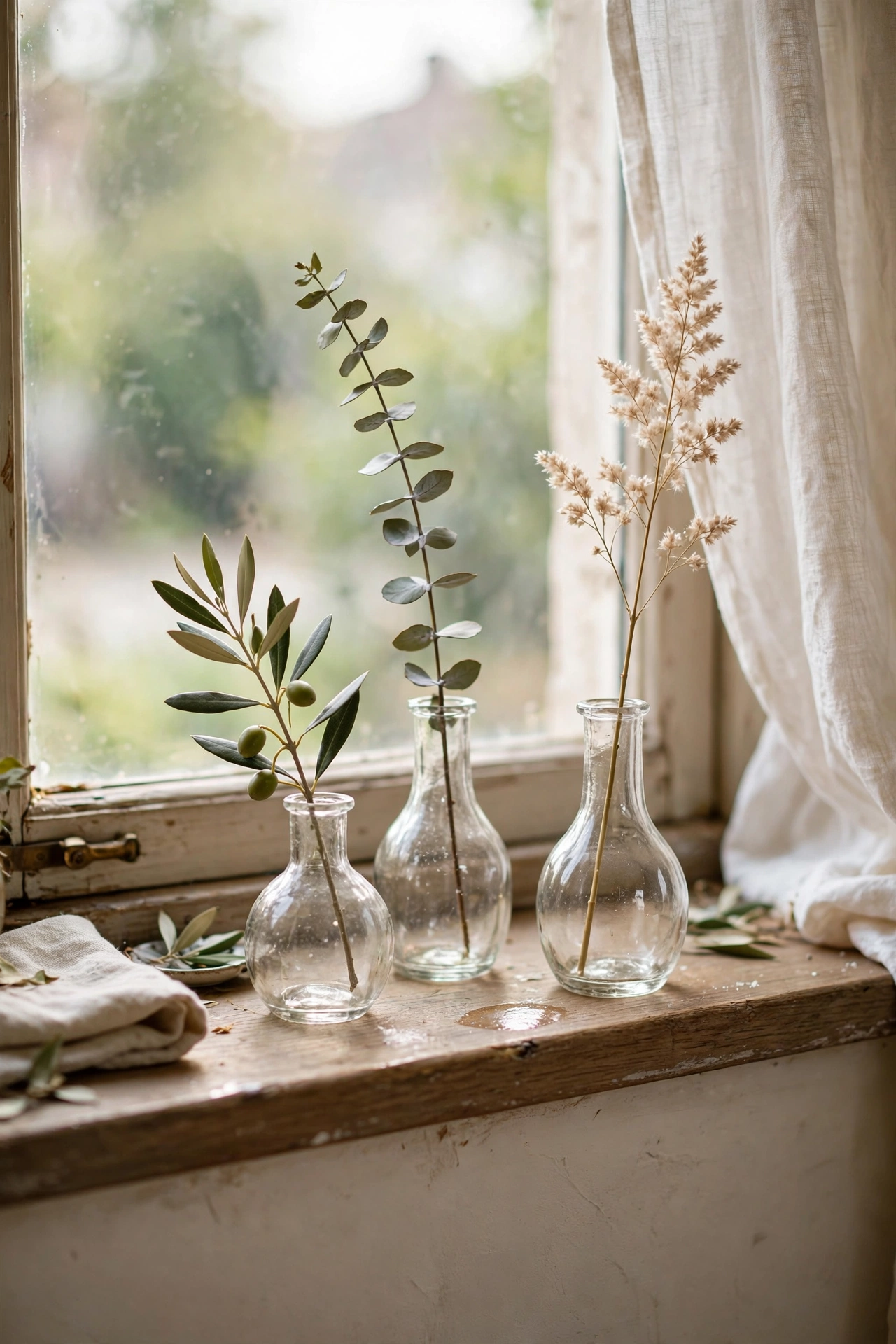 Three matching bud vases with single stems at varied heights