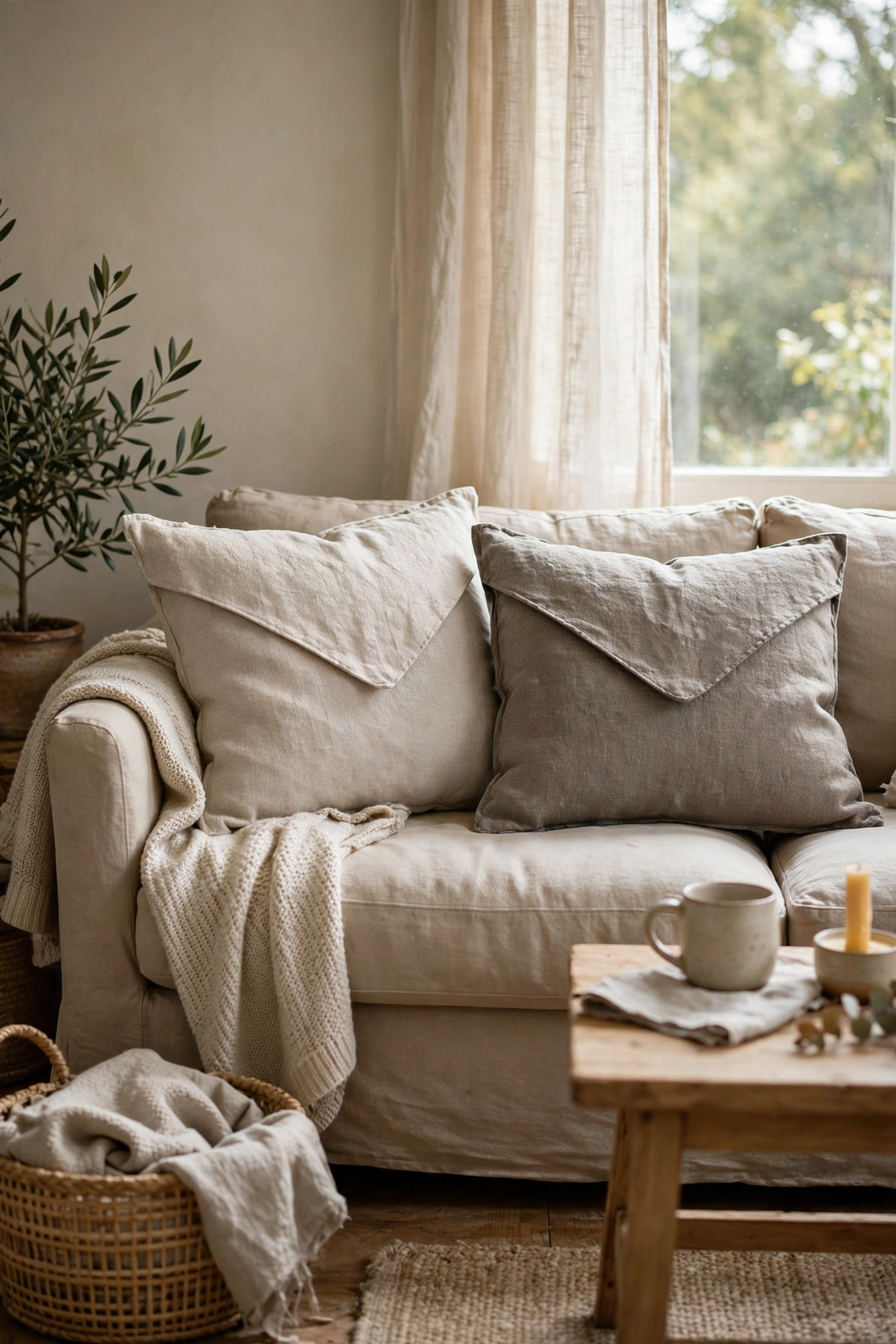 Handmade neutral linen envelope cushion covers on a sofa