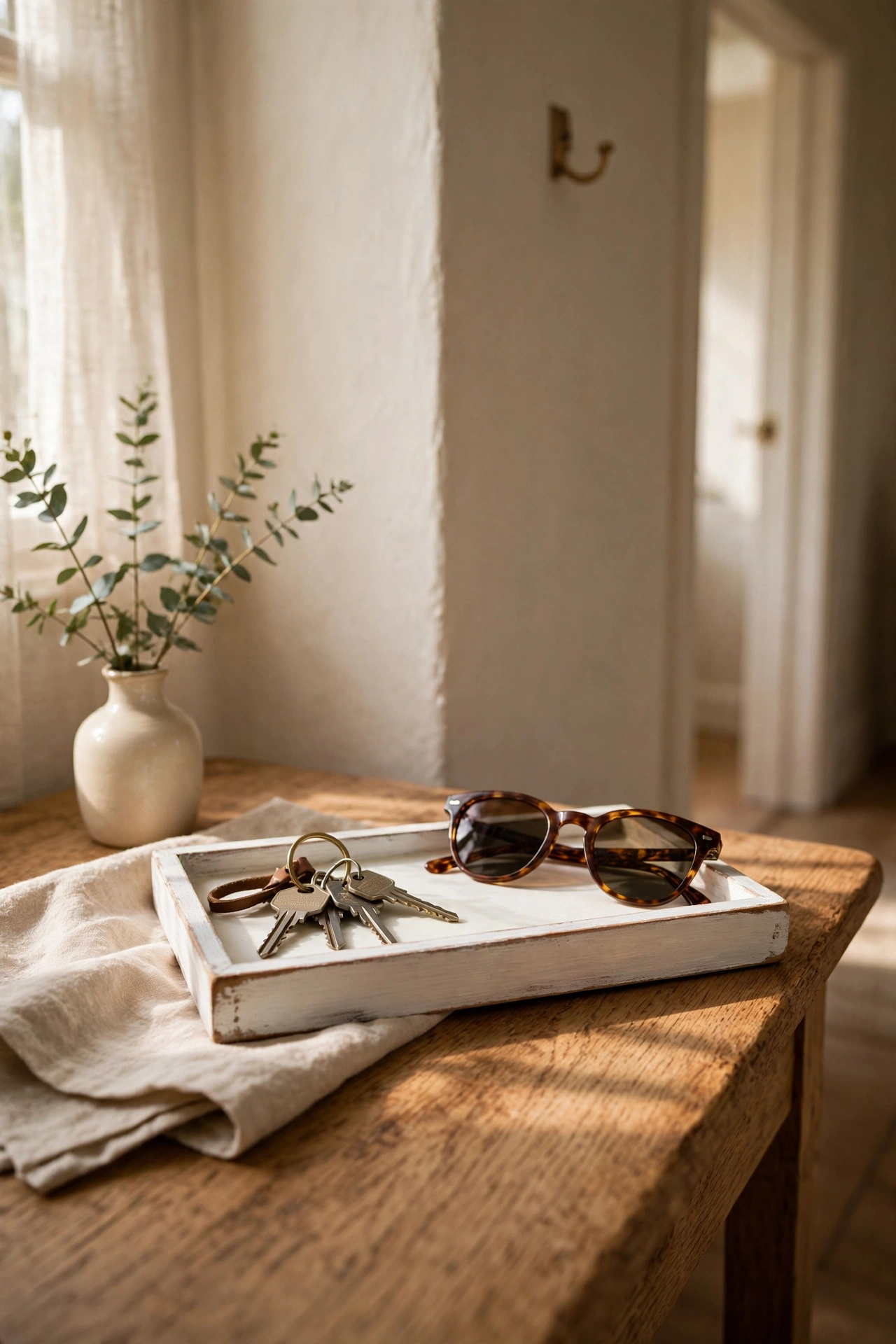 Small wooden tray with white wax finish holding keys by the door