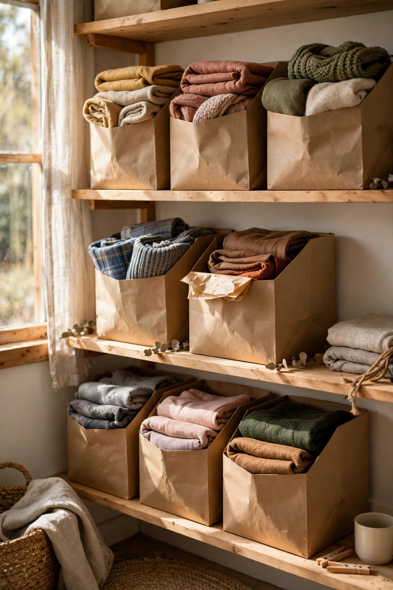 Folded kraft paper bag storage bins on open shelves