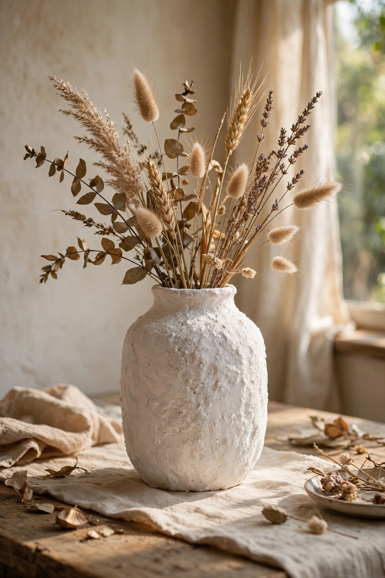Vase painted with baking soda texture trick in warm white