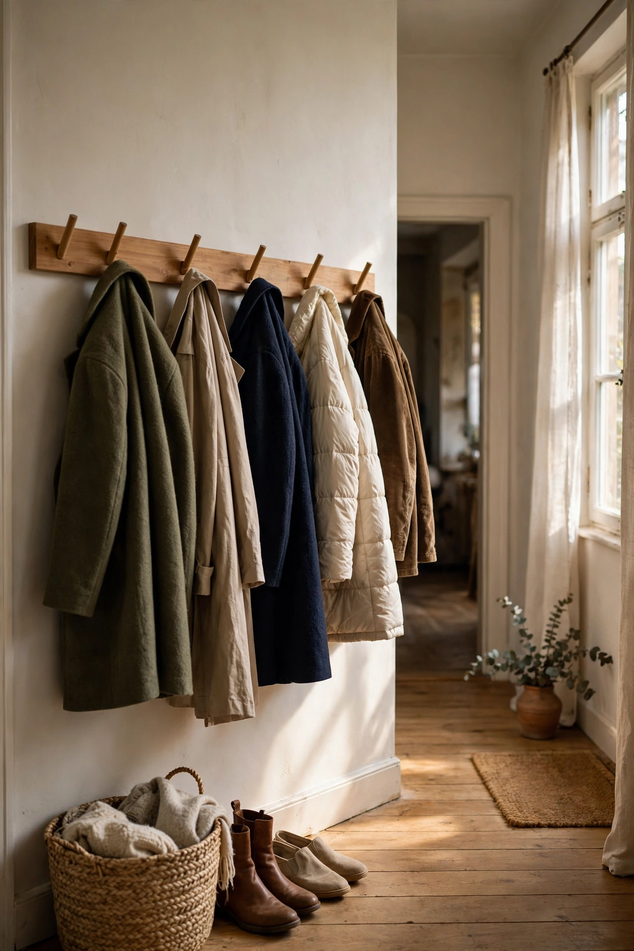 Row of wooden peg hooks on a painted batten by the door