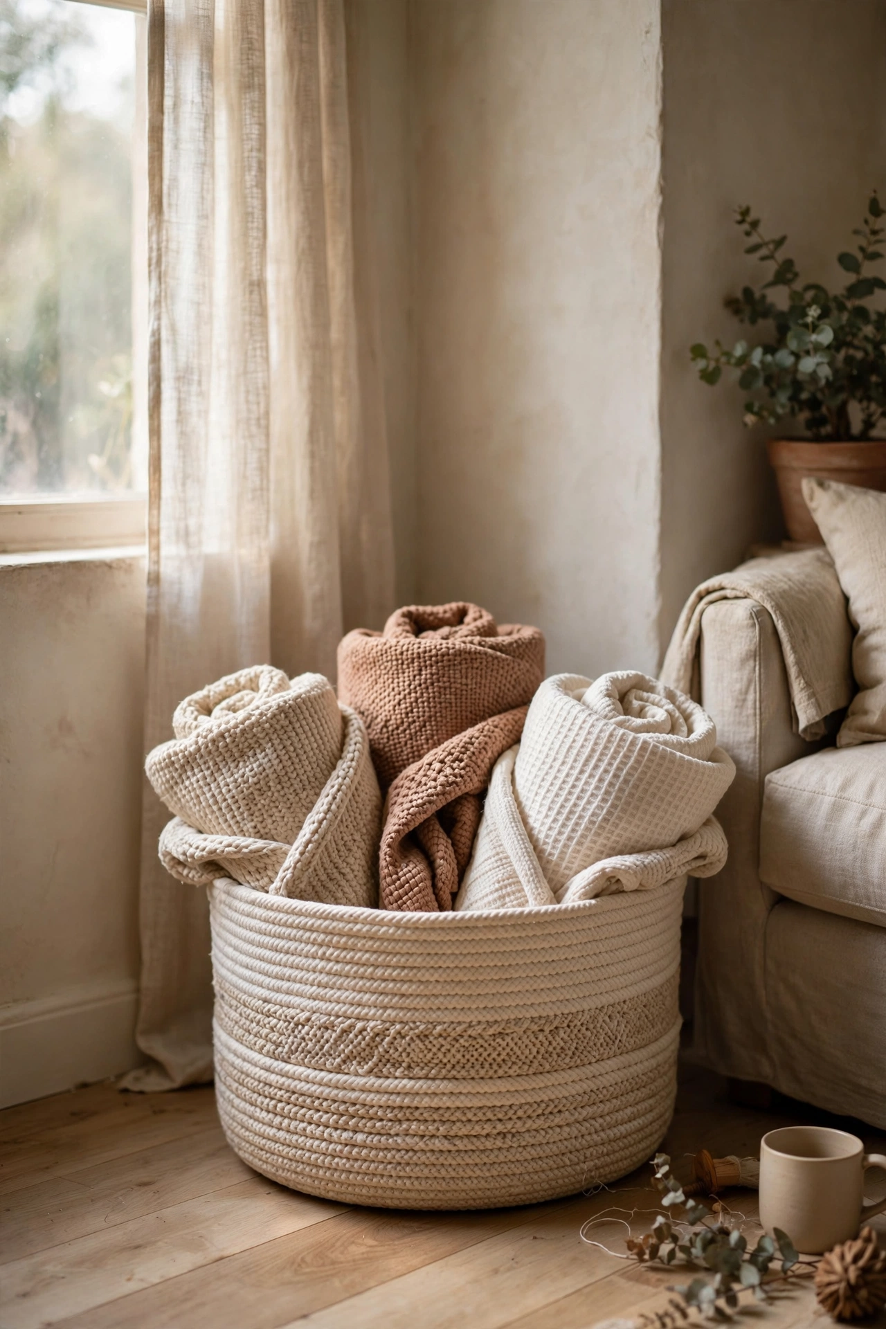 Handmade coiled cotton rope basket holding rolled throws