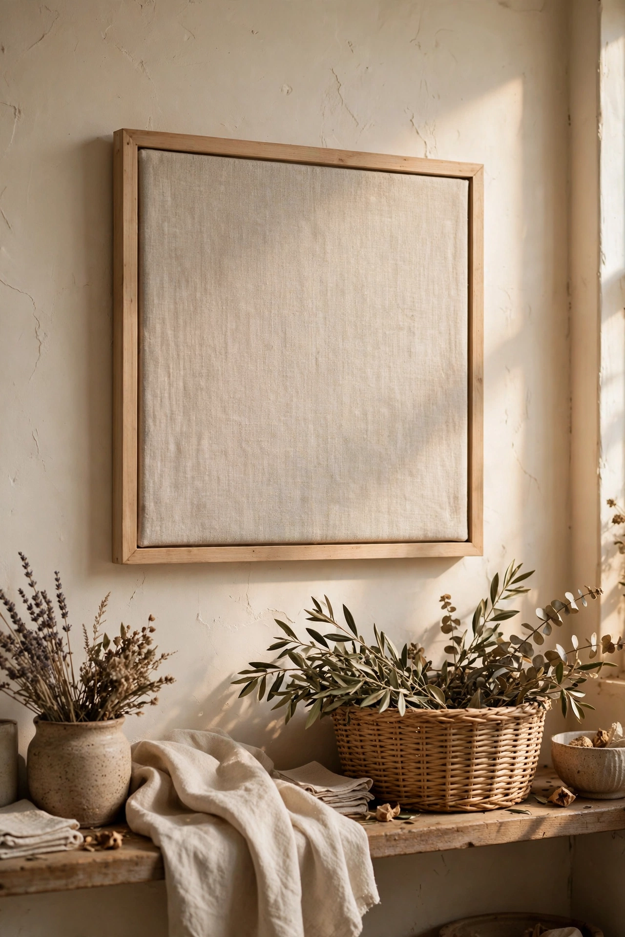 Square of natural linen framed as minimalist textile art