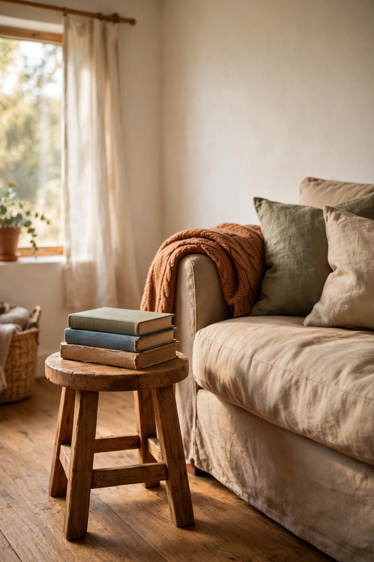 Simple handmade wooden side stool beside a sofa