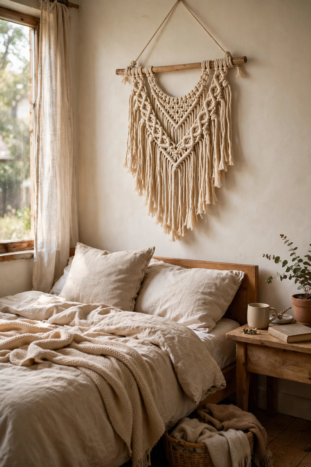 Beginner macrame wall hanging in natural cotton above a bed