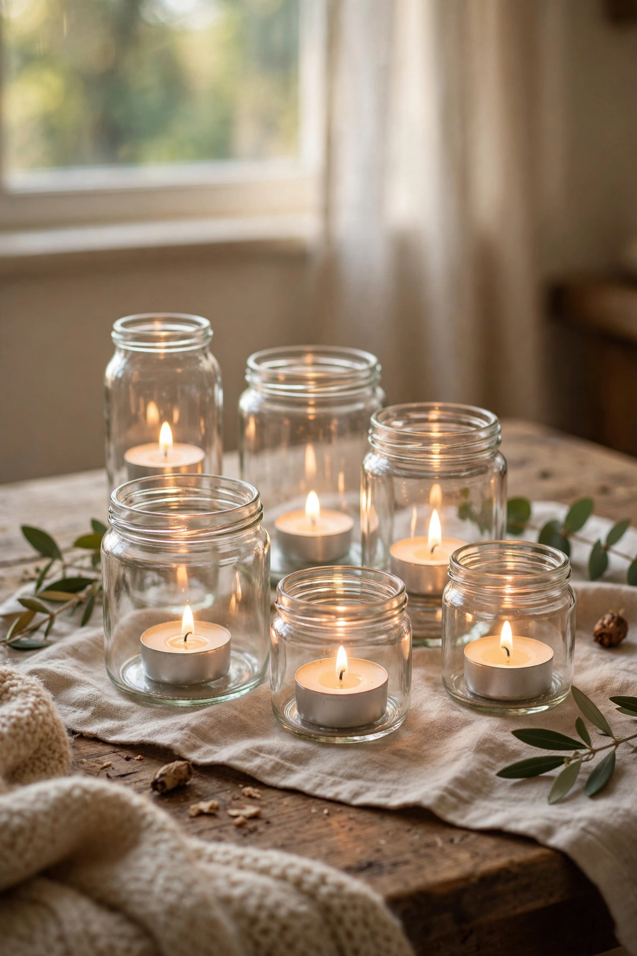 Glass jam jars as candle holders with tealights glowing
