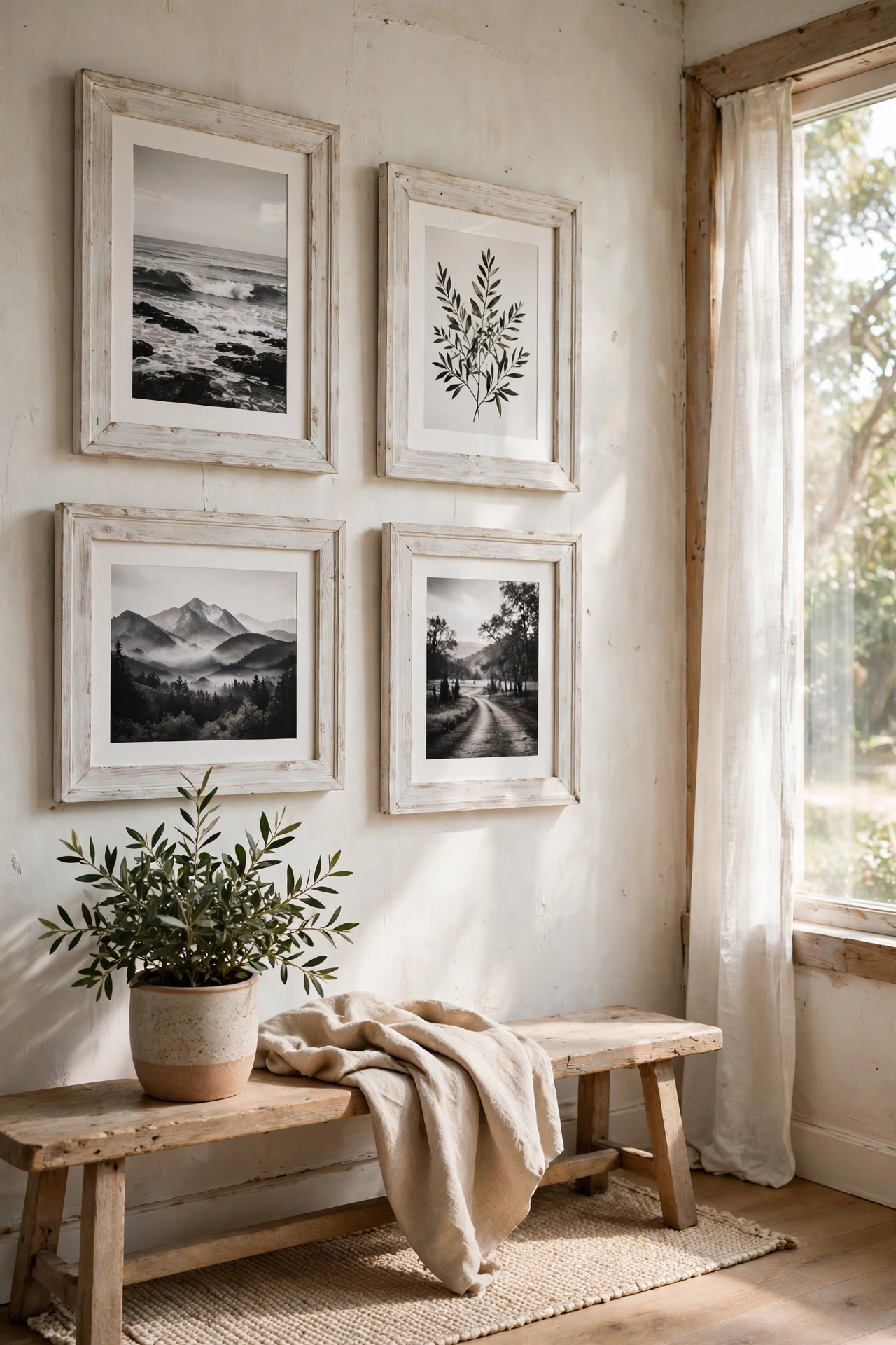 Whitewashed picture frames holding black and white prints