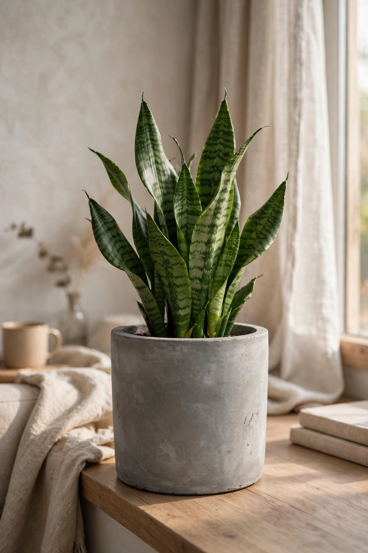 Plant pot painted to look like concrete with a snake plant