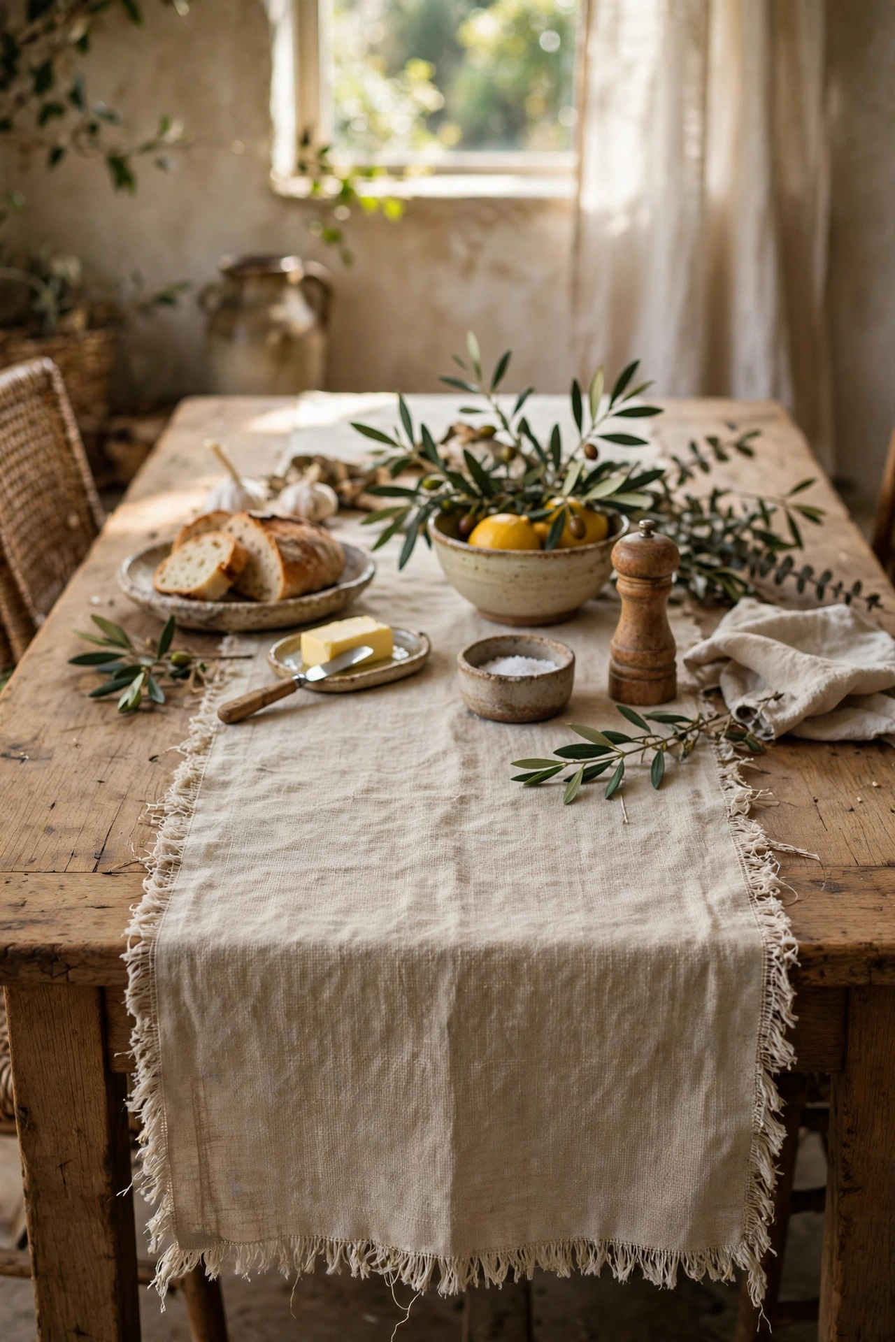 Natural linen table runner with frayed edges on a dining table