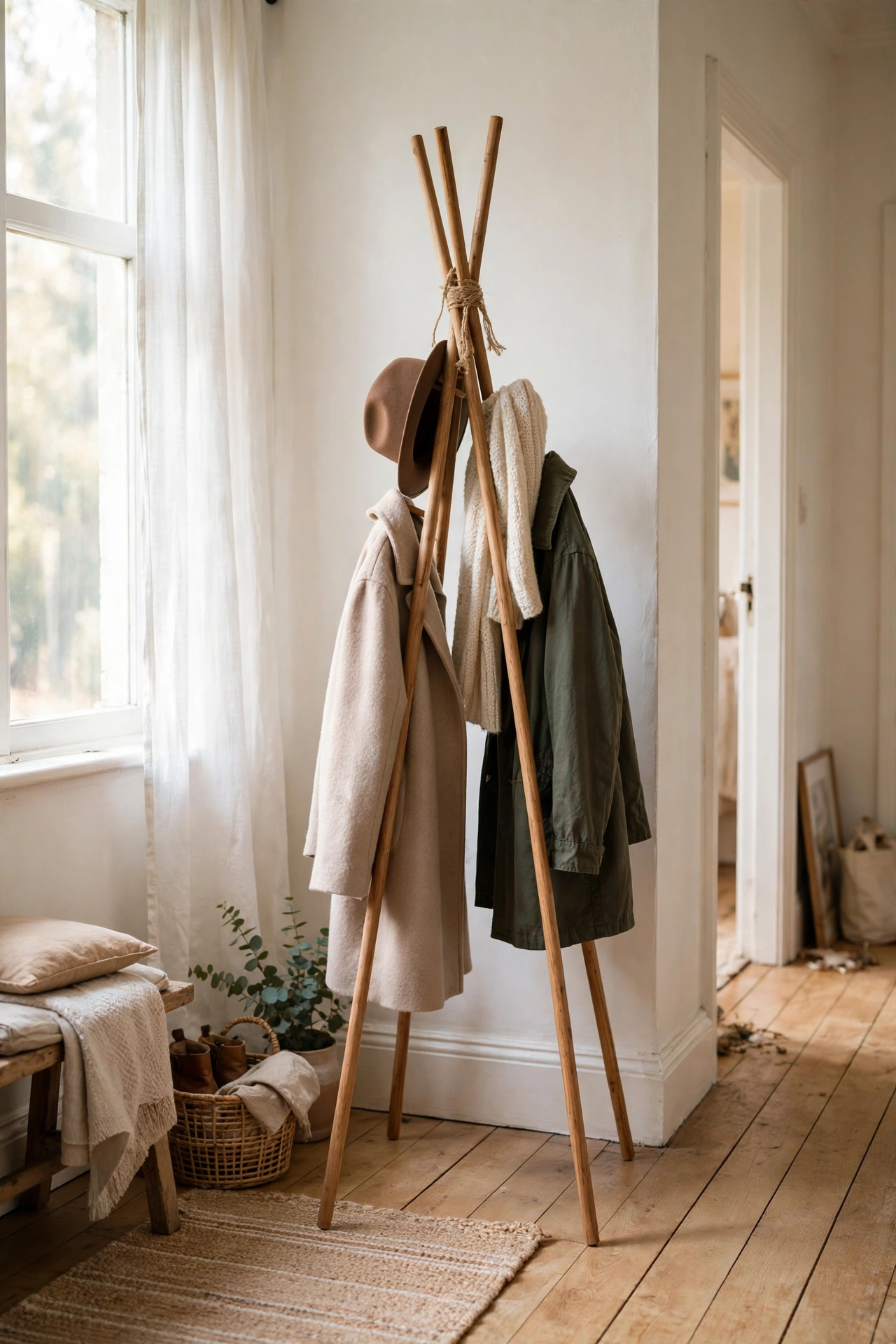Freestanding dowel coat rack in teepee shape in a hallway